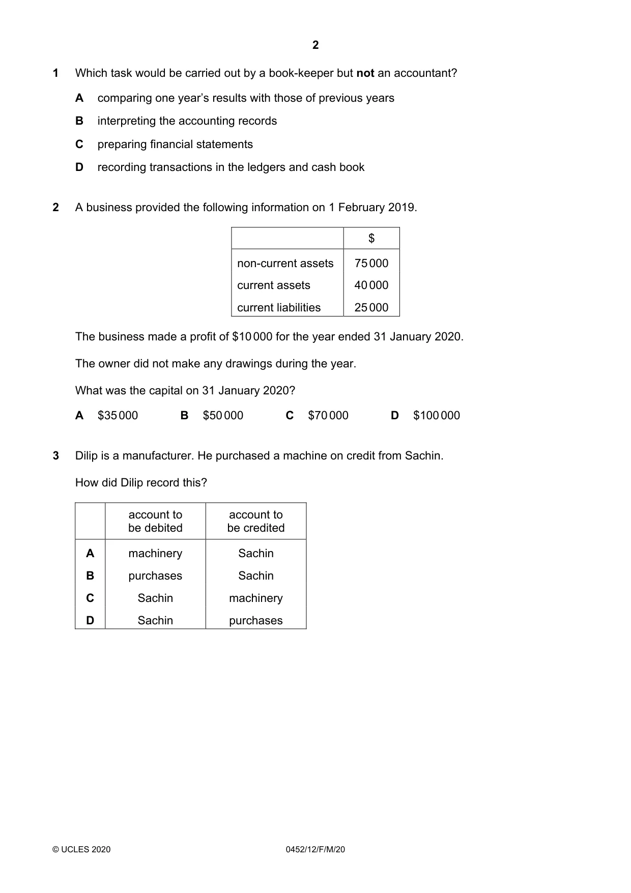 Cambridge IGCSE Accounting 0452 2020 Feb/March Paper 1 · Variant 2 question paper, page 2 of 12