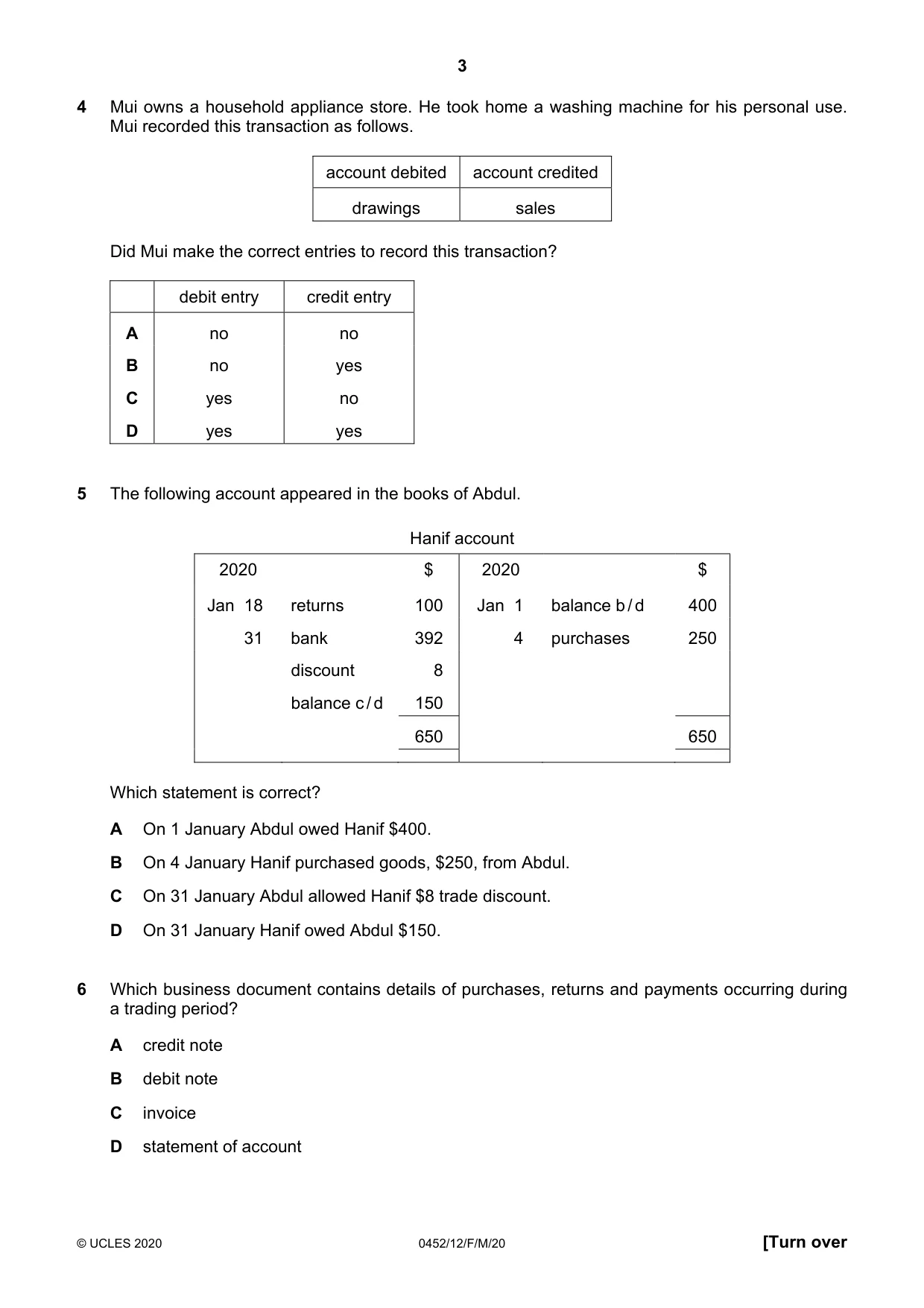 Cambridge IGCSE Accounting 0452 2020 Feb/March Paper 1 · Variant 2 question paper, page 3 of 12