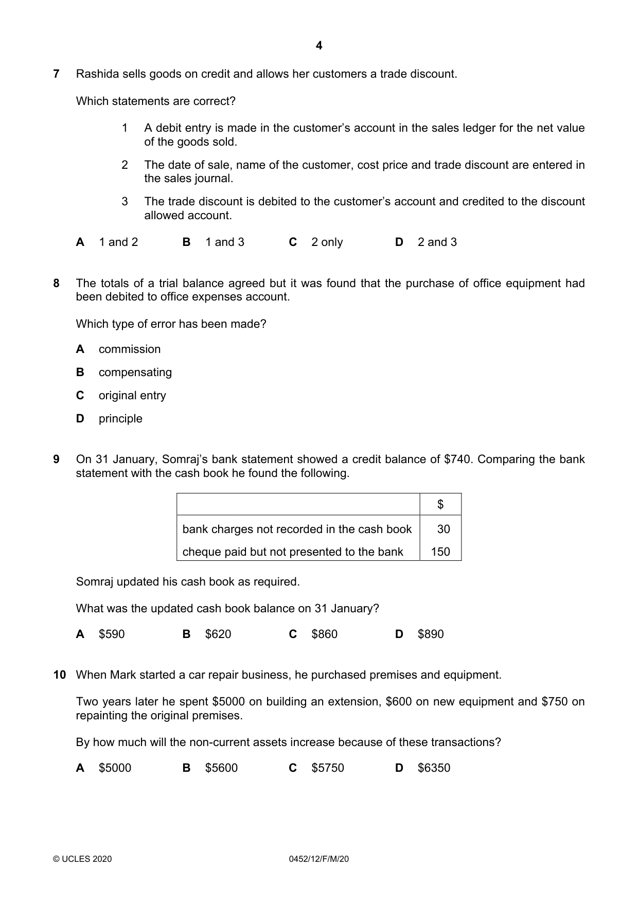 Cambridge IGCSE Accounting 0452 2020 Feb/March Paper 1 · Variant 2 question paper, page 4 of 12