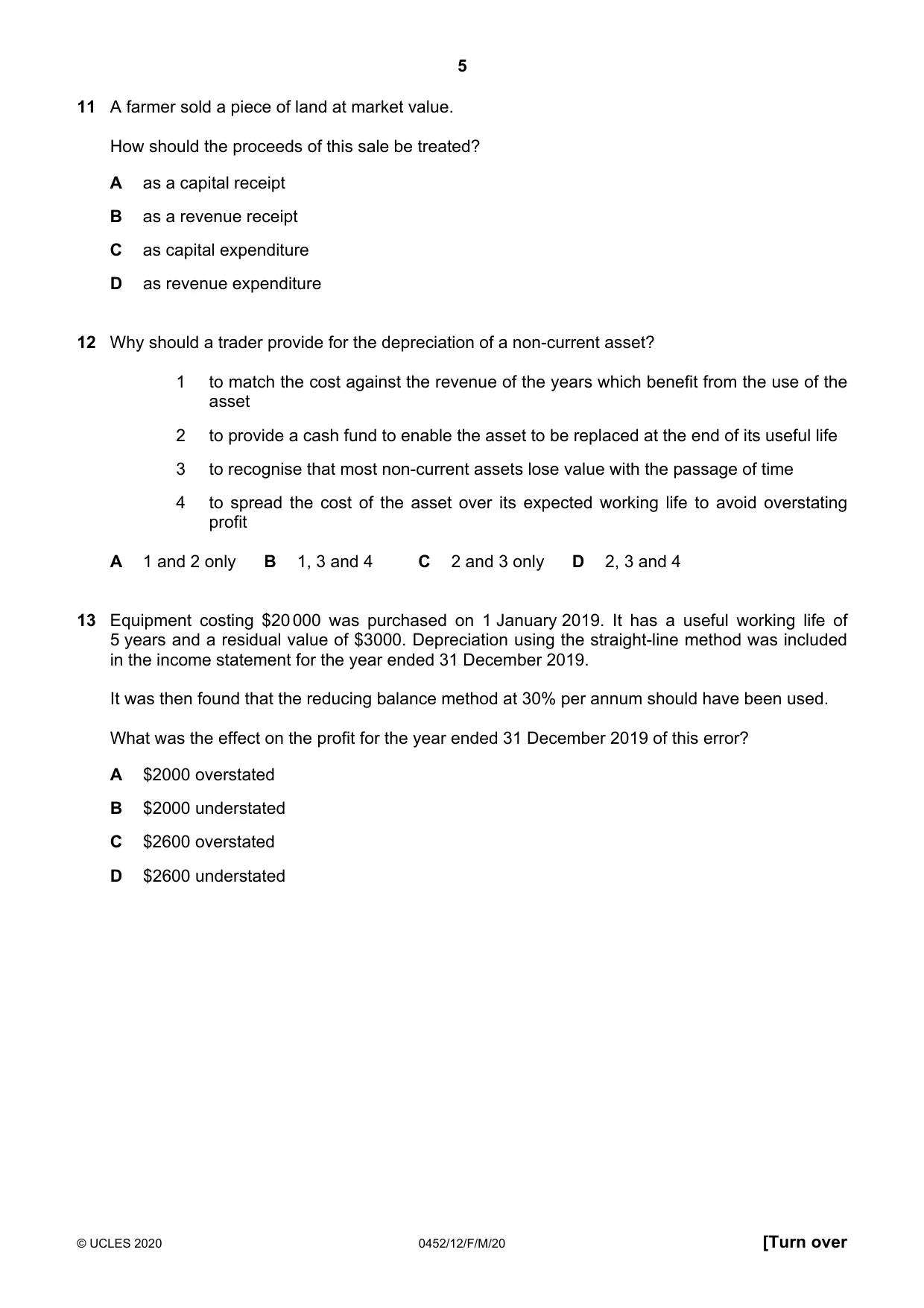 Cambridge IGCSE Accounting 0452 2020 Feb/March Paper 1 · Variant 2 question paper, page 5 of 12