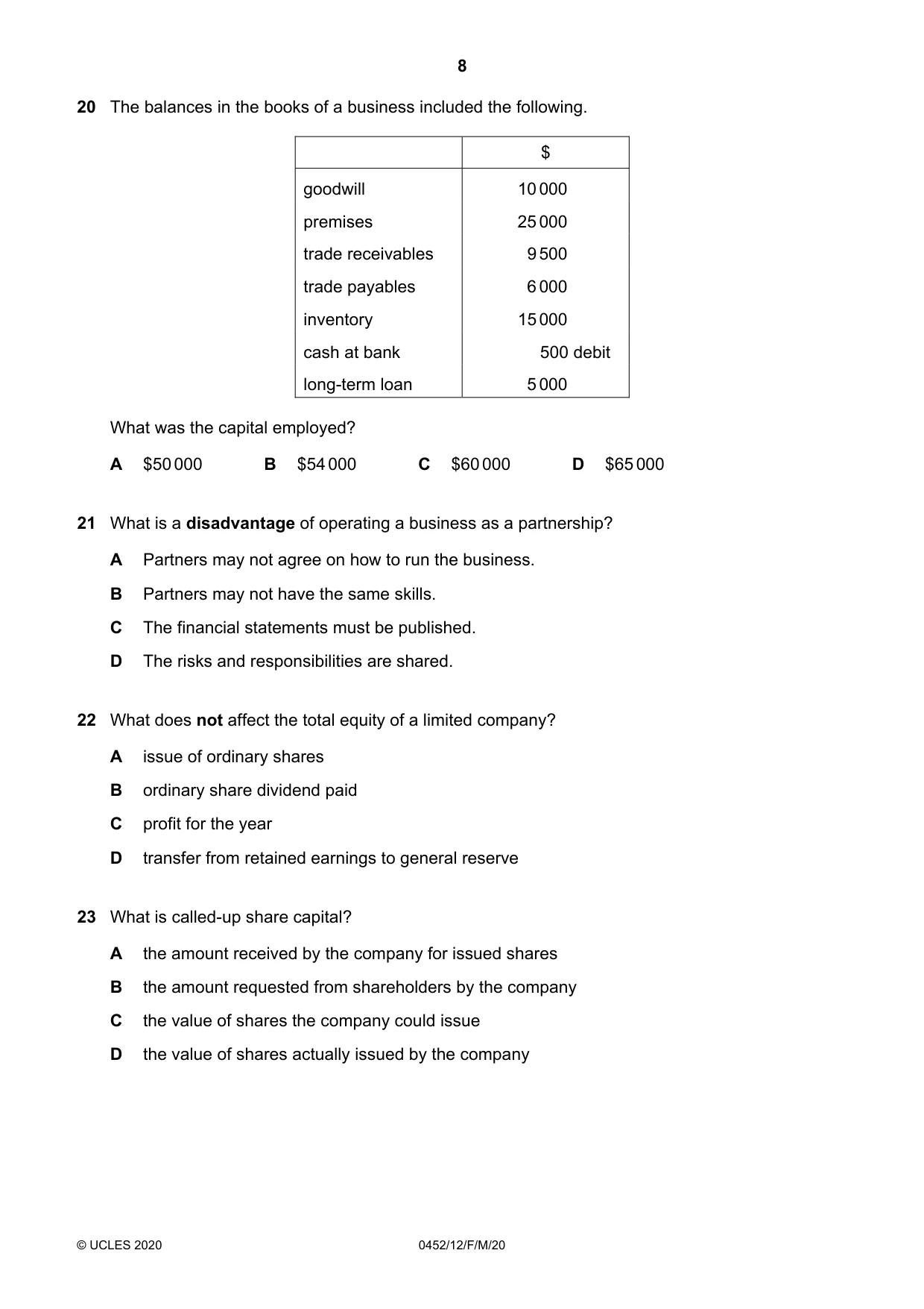 Cambridge IGCSE Accounting 0452 2020 Feb/March Paper 1 · Variant 2 question paper, page 8 of 12