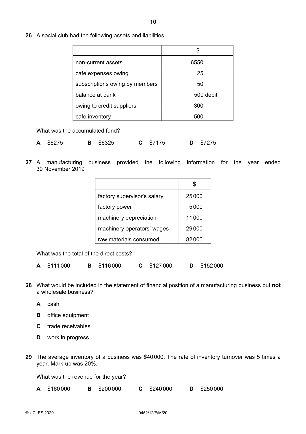 Cambridge IGCSE Accounting 0452 2020 Feb/March Paper 1 · Variant 2 question paper, page 10 of 12