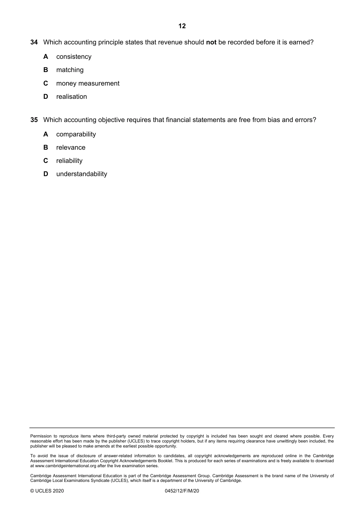 Cambridge IGCSE Accounting 0452 2020 Feb/March Paper 1 · Variant 2 question paper, page 12 of 12