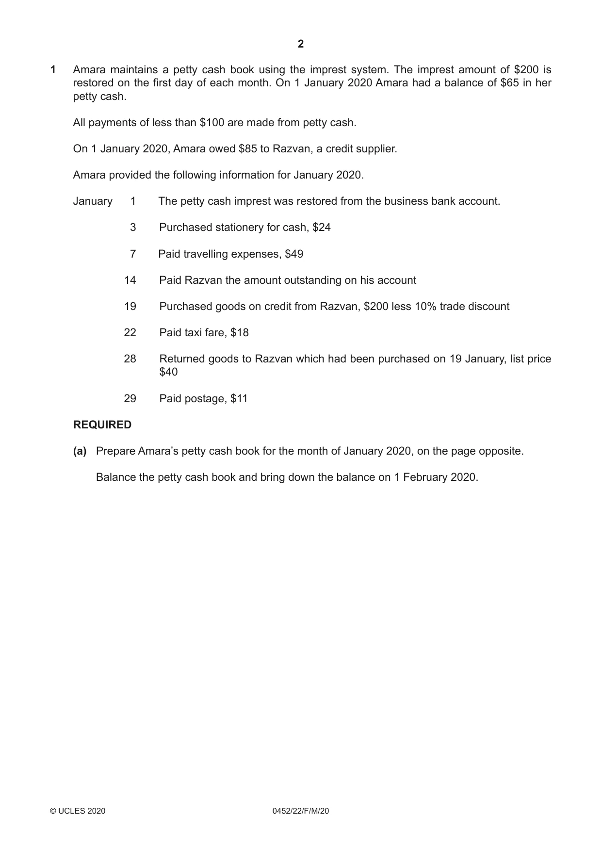 Cambridge IGCSE Accounting 0452 2020 Feb/March Paper 2 · Variant 2 question paper, page 2 of 20