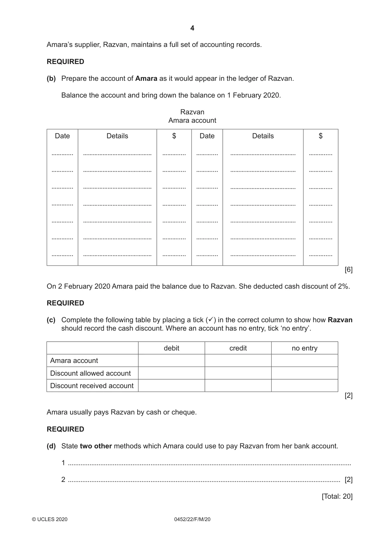 Cambridge IGCSE Accounting 0452 2020 Feb/March Paper 2 · Variant 2 question paper, page 4 of 20