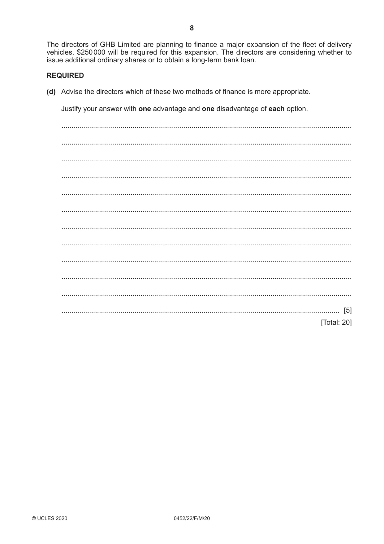 Cambridge IGCSE Accounting 0452 2020 Feb/March Paper 2 · Variant 2 question paper, page 8 of 20