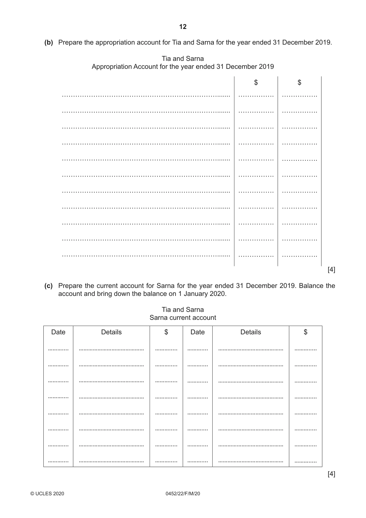 Cambridge IGCSE Accounting 0452 2020 Feb/March Paper 2 · Variant 2 question paper, page 12 of 20