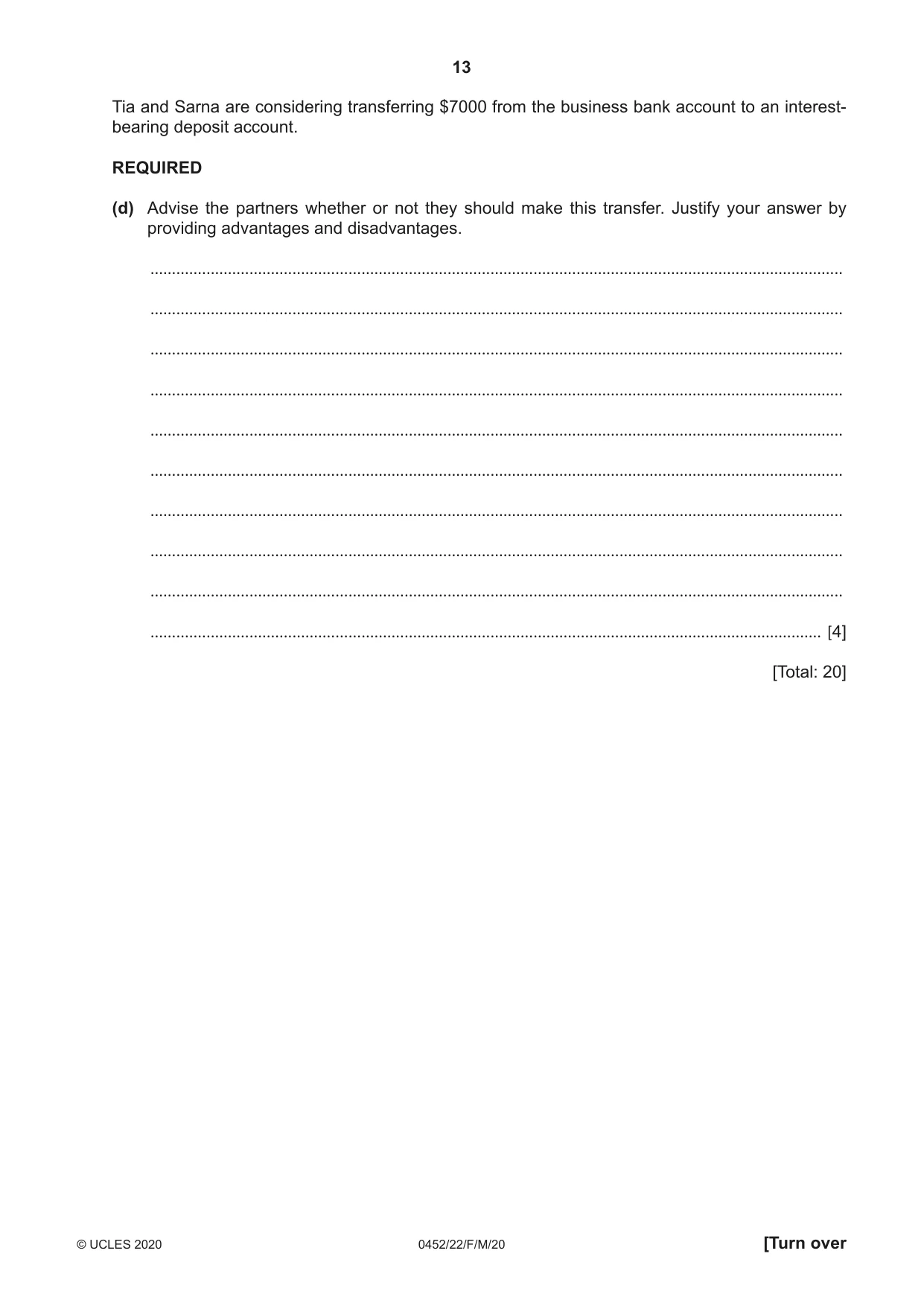 Cambridge IGCSE Accounting 0452 2020 Feb/March Paper 2 · Variant 2 question paper, page 13 of 20