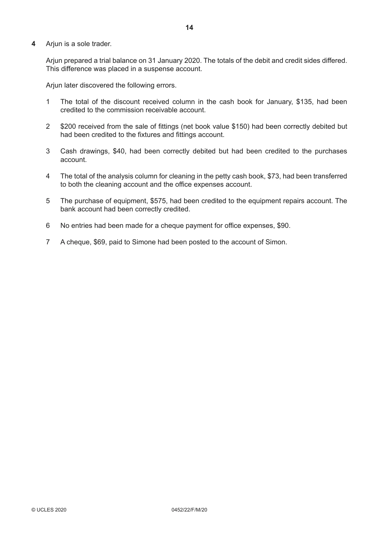Cambridge IGCSE Accounting 0452 2020 Feb/March Paper 2 · Variant 2 question paper, page 14 of 20