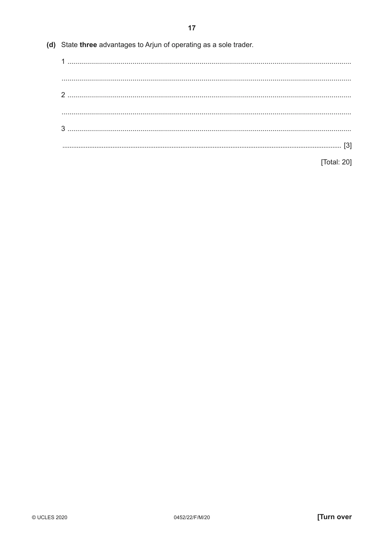 Cambridge IGCSE Accounting 0452 2020 Feb/March Paper 2 · Variant 2 question paper, page 17 of 20