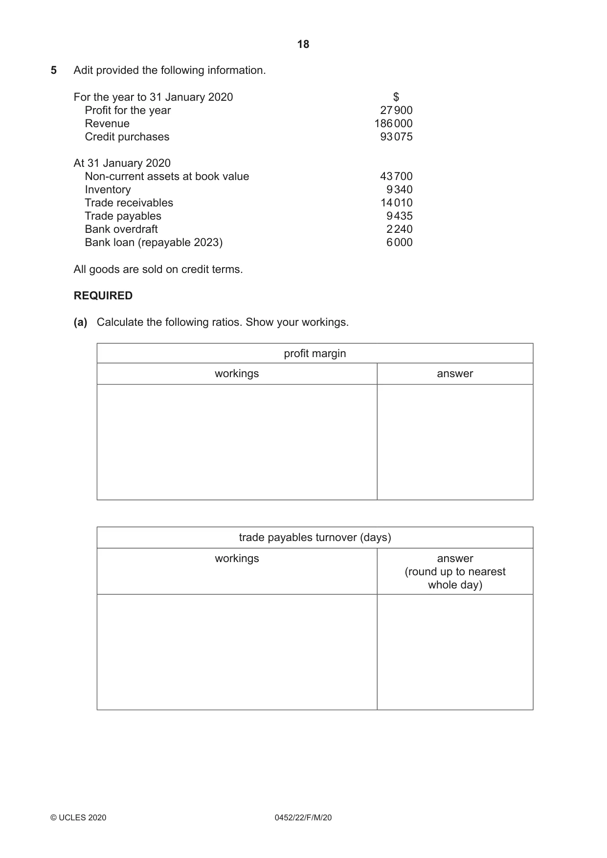 Cambridge IGCSE Accounting 0452 2020 Feb/March Paper 2 · Variant 2 question paper, page 18 of 20
