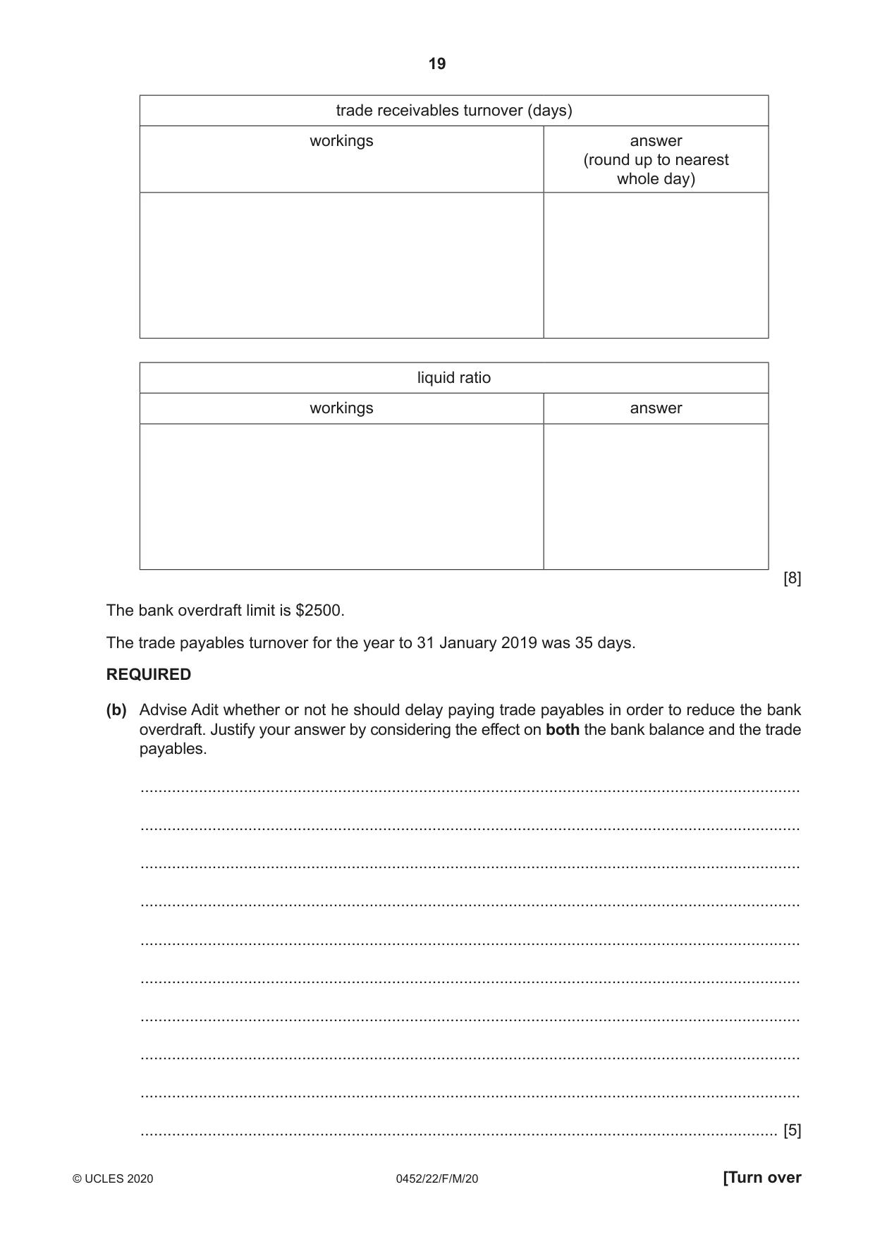 Cambridge IGCSE Accounting 0452 2020 Feb/March Paper 2 · Variant 2 question paper, page 19 of 20