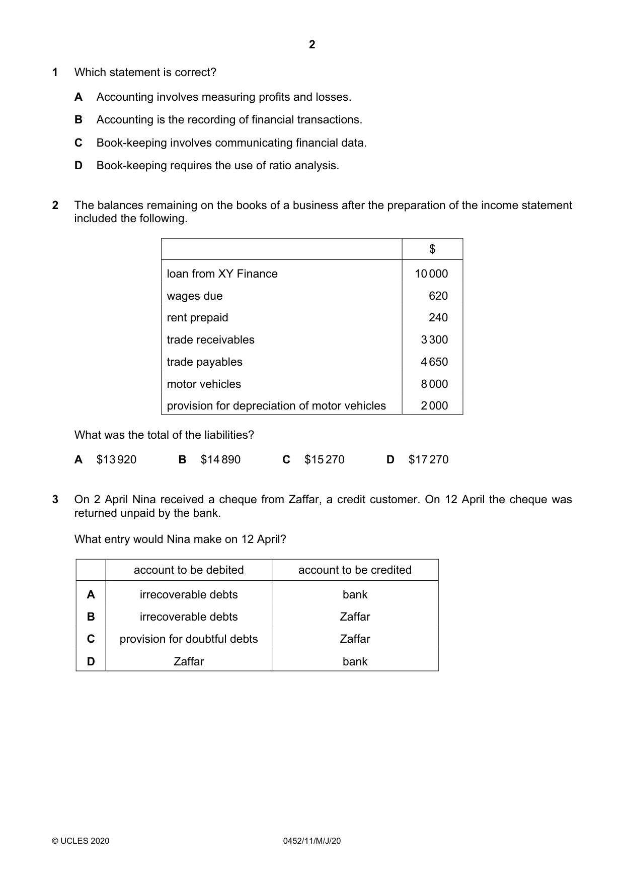 Cambridge IGCSE Accounting 0452 2020 May/June Paper 1 · Variant 1 question paper, page 2 of 12