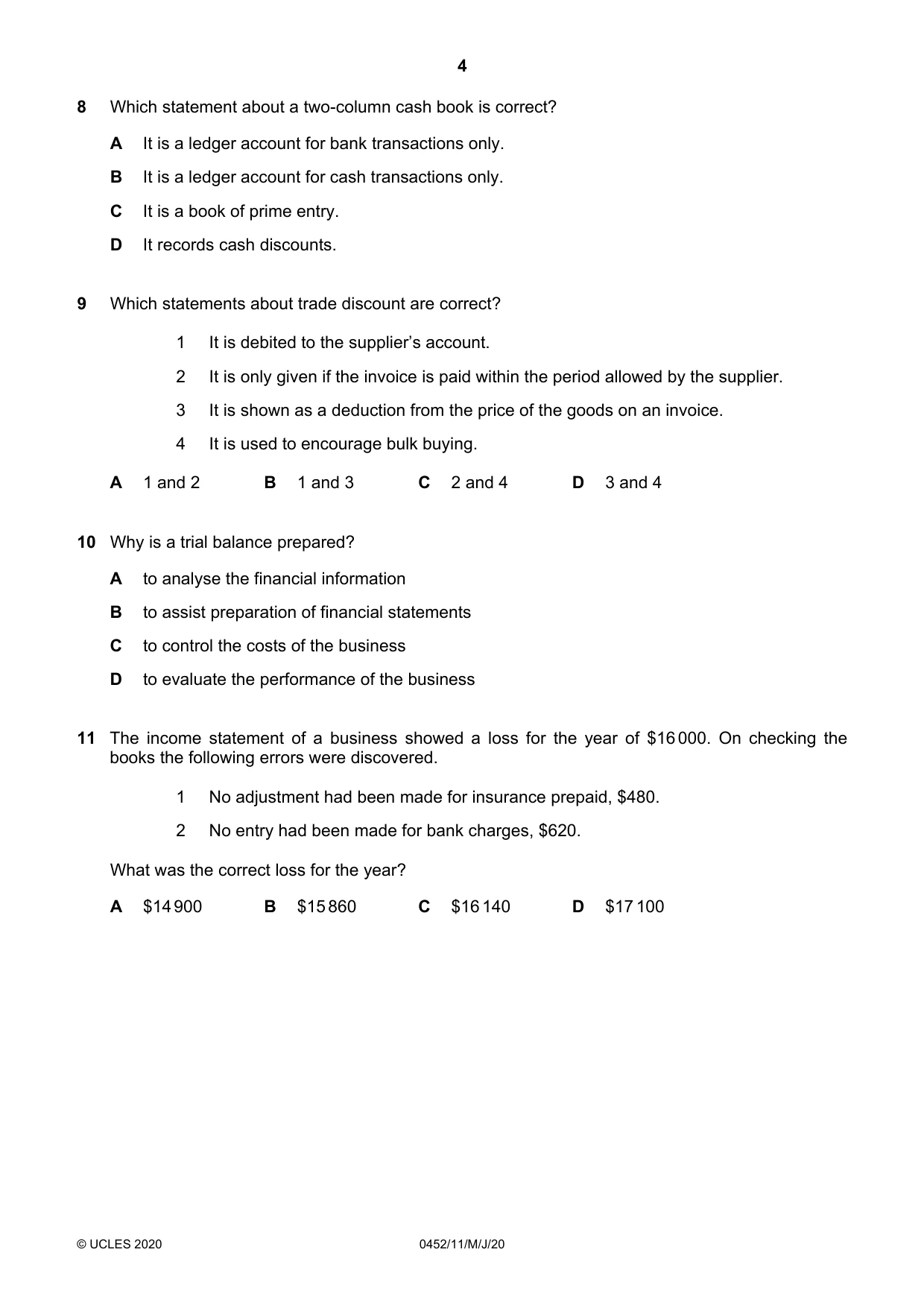 Cambridge IGCSE Accounting 0452 2020 May/June Paper 1 · Variant 1 question paper, page 4 of 12