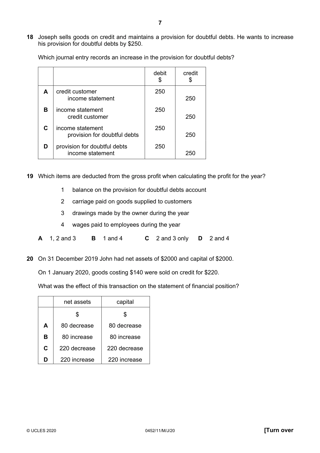 Cambridge IGCSE Accounting 0452 2020 May/June Paper 1 · Variant 1 question paper, page 7 of 12
