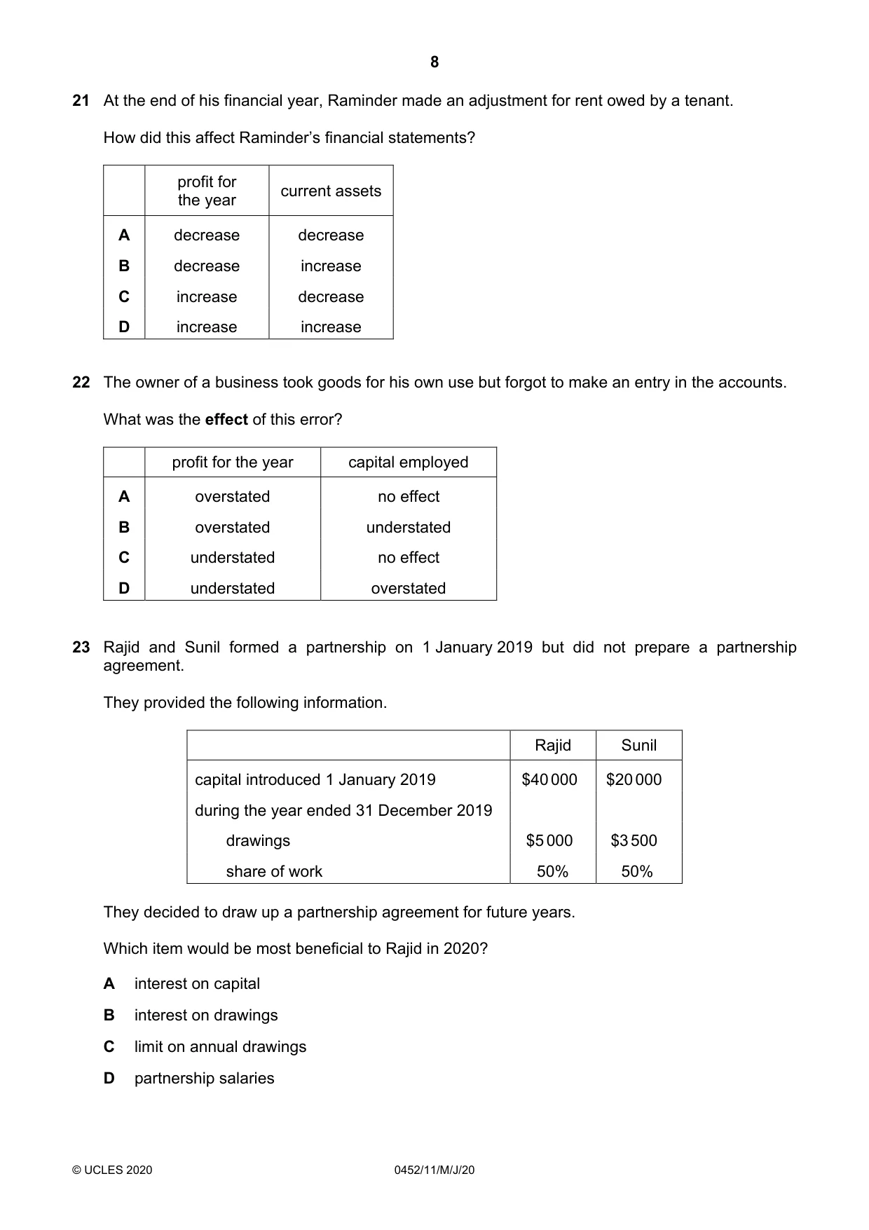 Cambridge IGCSE Accounting 0452 2020 May/June Paper 1 · Variant 1 question paper, page 8 of 12