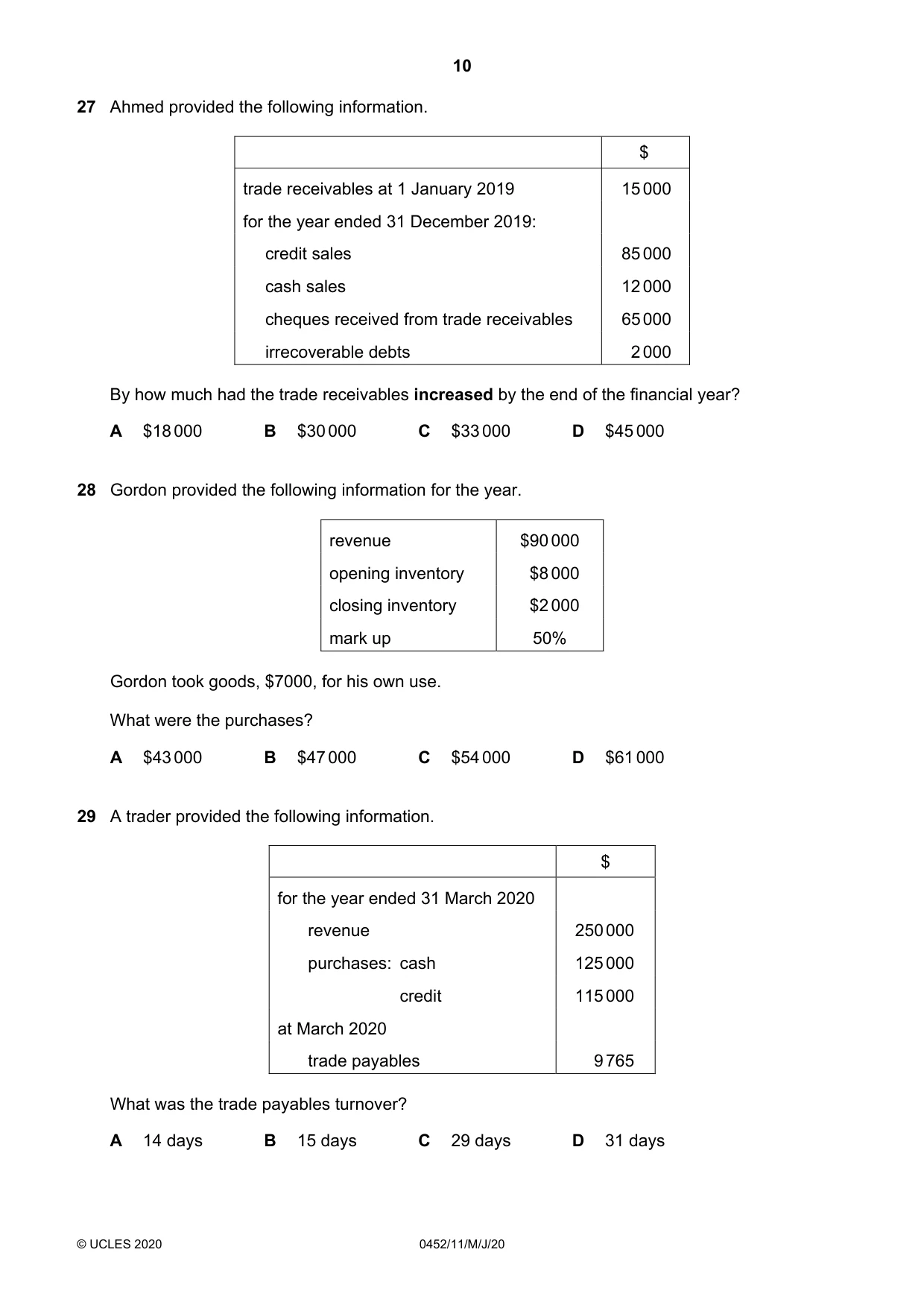 Cambridge IGCSE Accounting 0452 2020 May/June Paper 1 · Variant 1 question paper, page 10 of 12