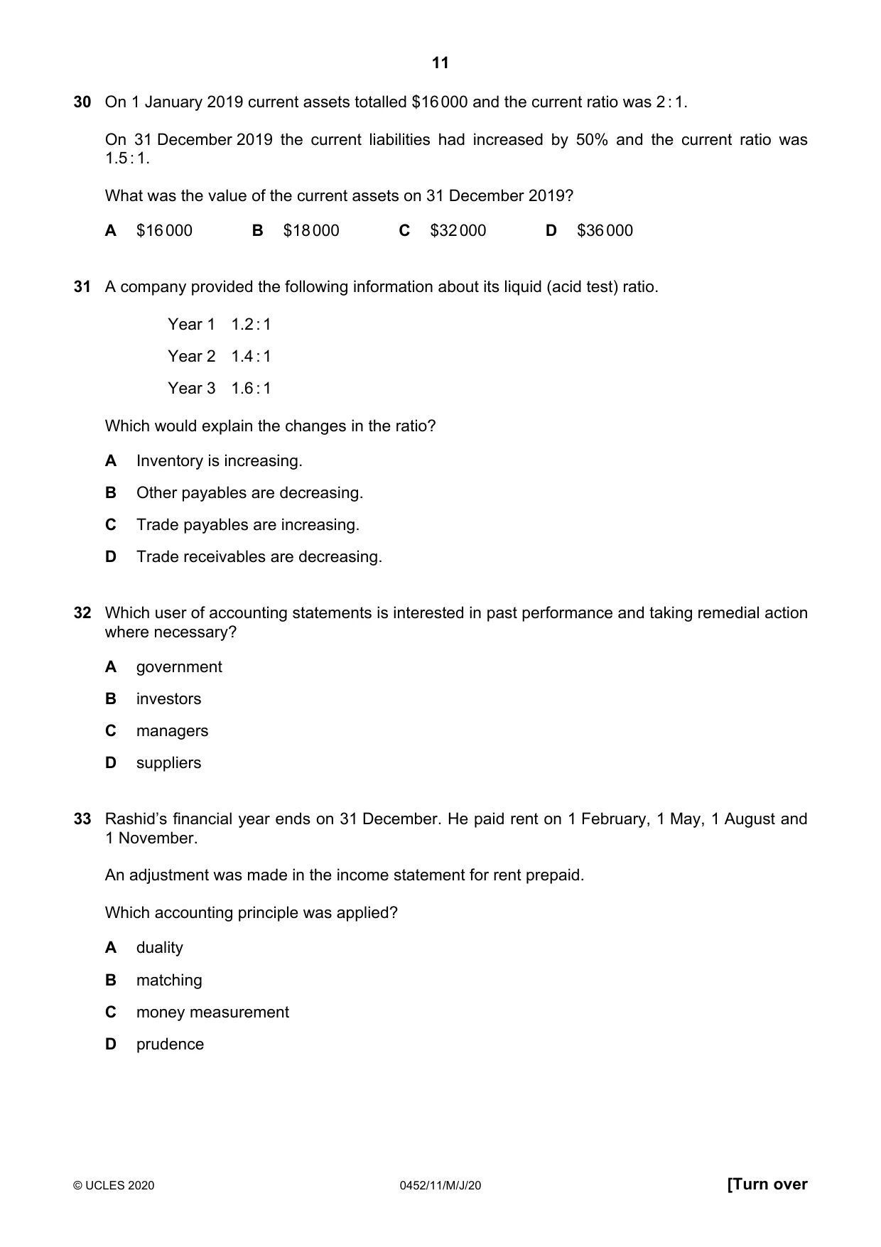 Cambridge IGCSE Accounting 0452 2020 May/June Paper 1 · Variant 1 question paper, page 11 of 12