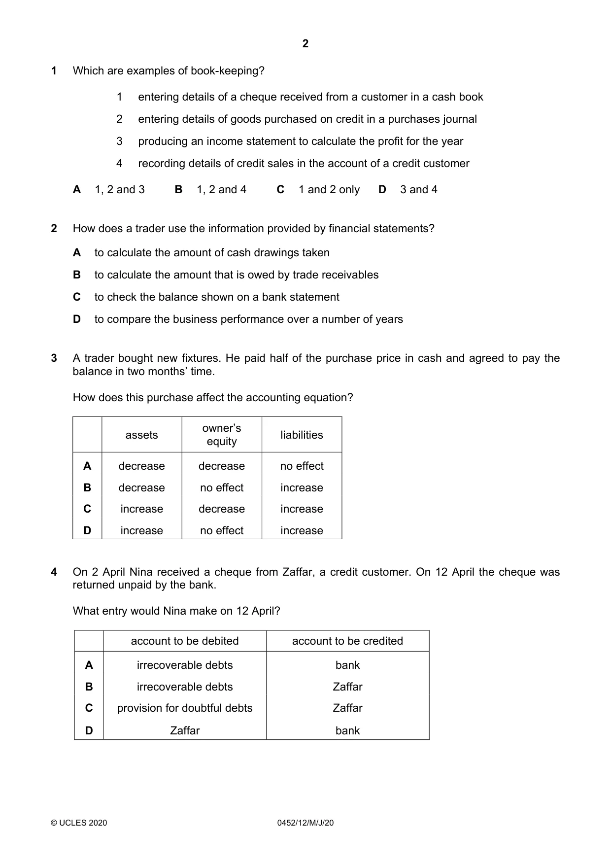 Cambridge IGCSE Accounting 0452 2020 May/June Paper 1 · Variant 2 question paper, page 2 of 12