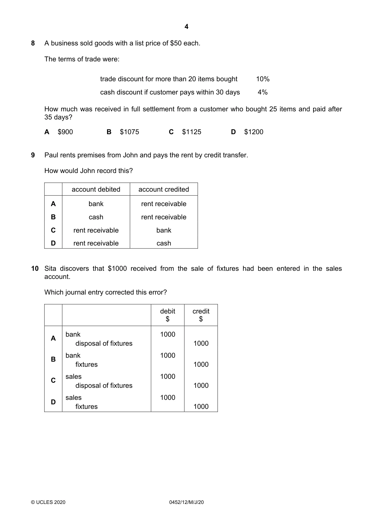 Cambridge IGCSE Accounting 0452 2020 May/June Paper 1 · Variant 2 question paper, page 4 of 12