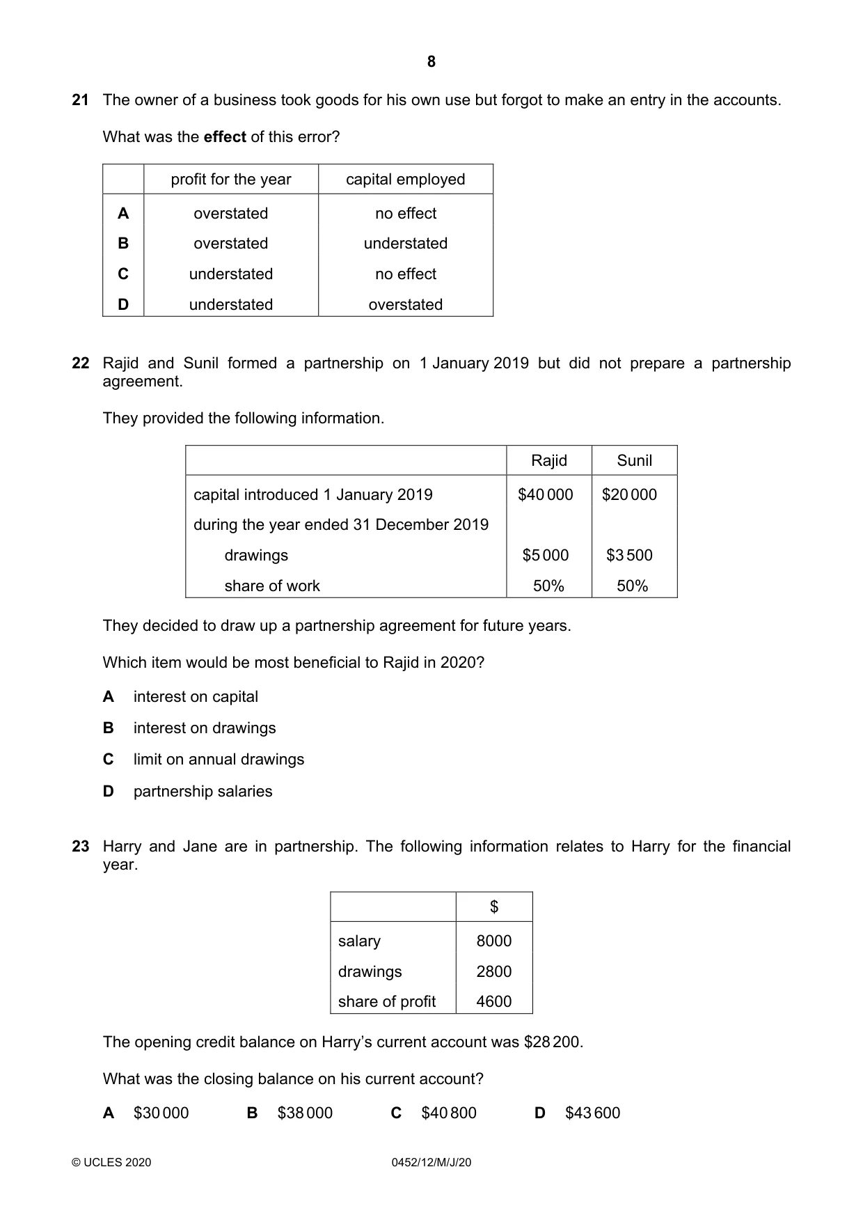 Cambridge IGCSE Accounting 0452 2020 May/June Paper 1 · Variant 2 question paper, page 8 of 12