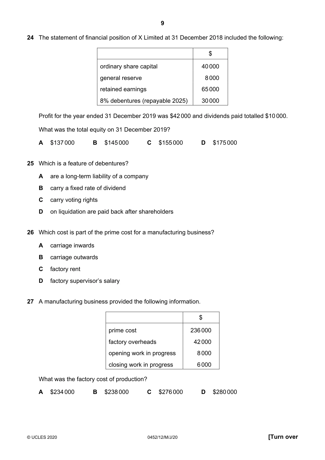 Cambridge IGCSE Accounting 0452 2020 May/June Paper 1 · Variant 2 question paper, page 9 of 12