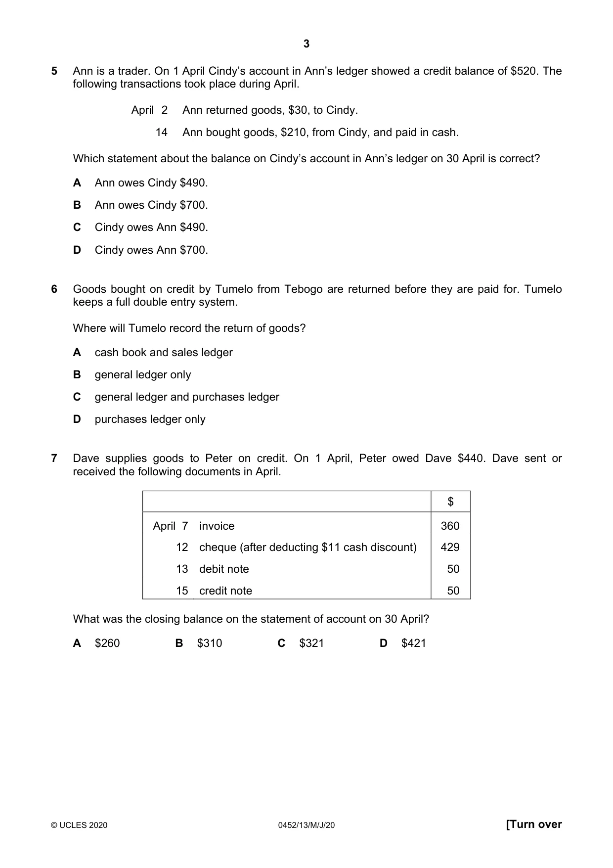 Cambridge IGCSE Accounting 0452 2020 May/June Paper 1 · Variant 3 question paper, page 3 of 12