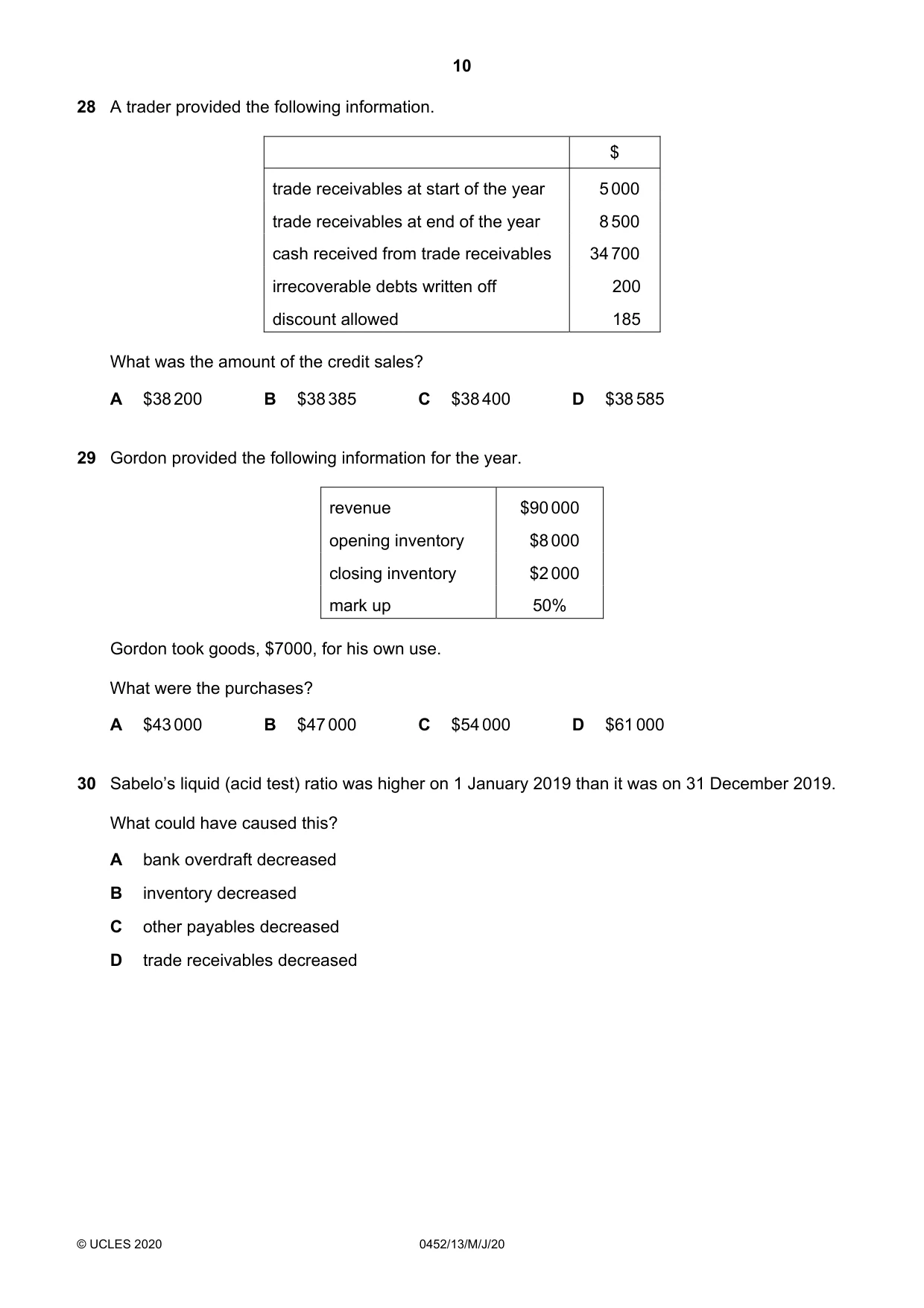 Cambridge IGCSE Accounting 0452 2020 May/June Paper 1 · Variant 3 question paper, page 10 of 12