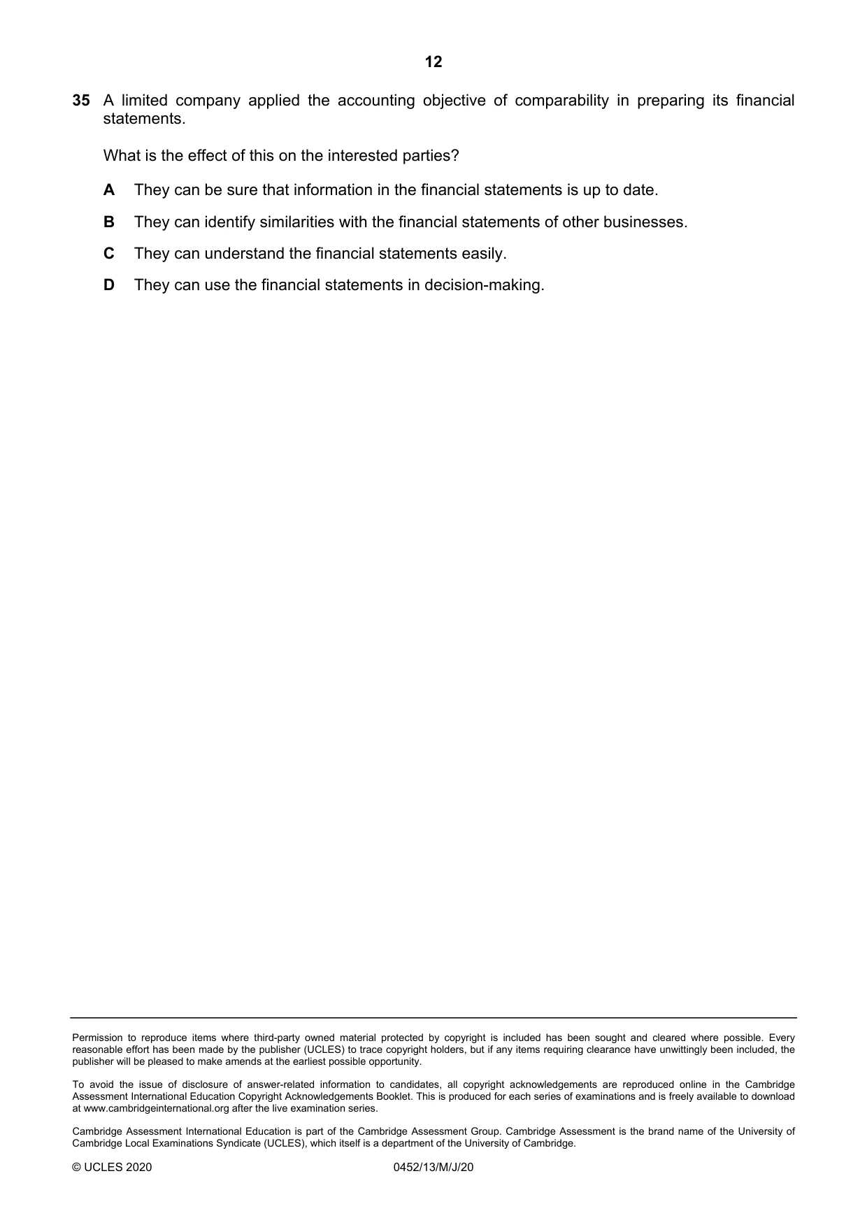 Cambridge IGCSE Accounting 0452 2020 May/June Paper 1 · Variant 3 question paper, page 12 of 12
