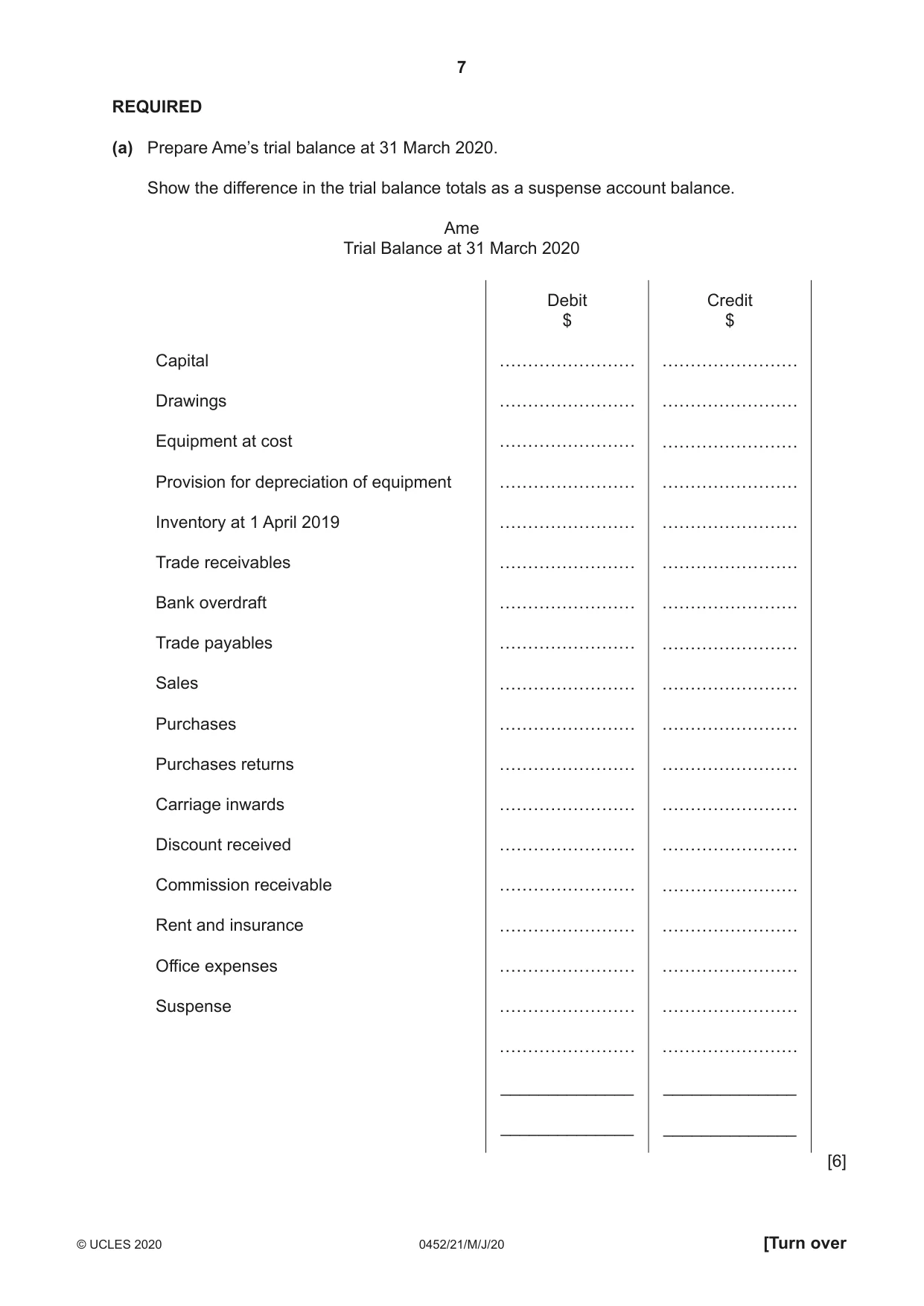 Cambridge IGCSE Accounting 0452 2020 May/June Paper 2 · Variant 1 question paper, page 7 of 24