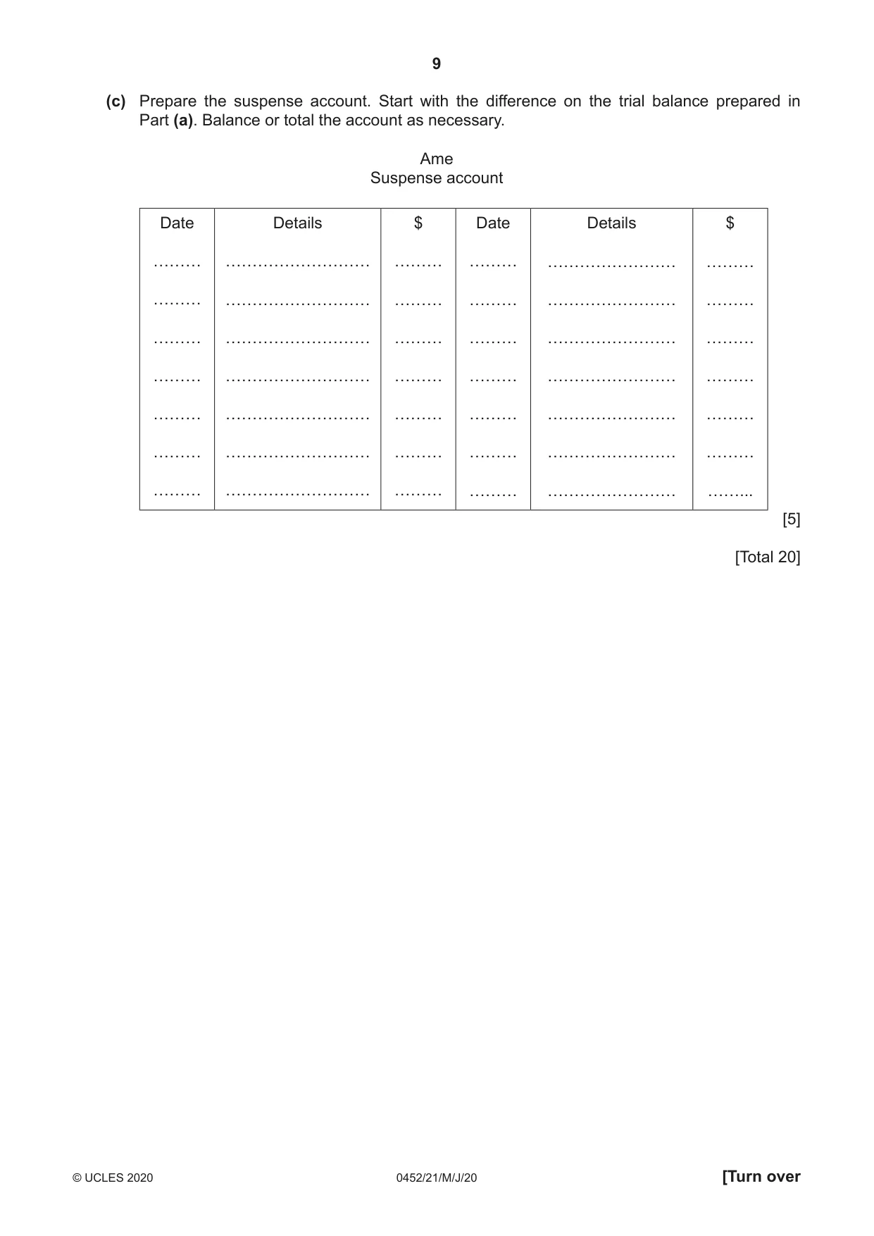 Cambridge IGCSE Accounting 0452 2020 May/June Paper 2 · Variant 1 question paper, page 9 of 24