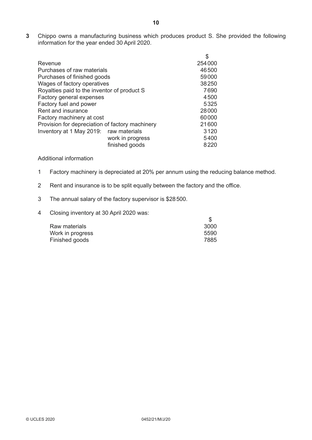 Cambridge IGCSE Accounting 0452 2020 May/June Paper 2 · Variant 1 question paper, page 10 of 24