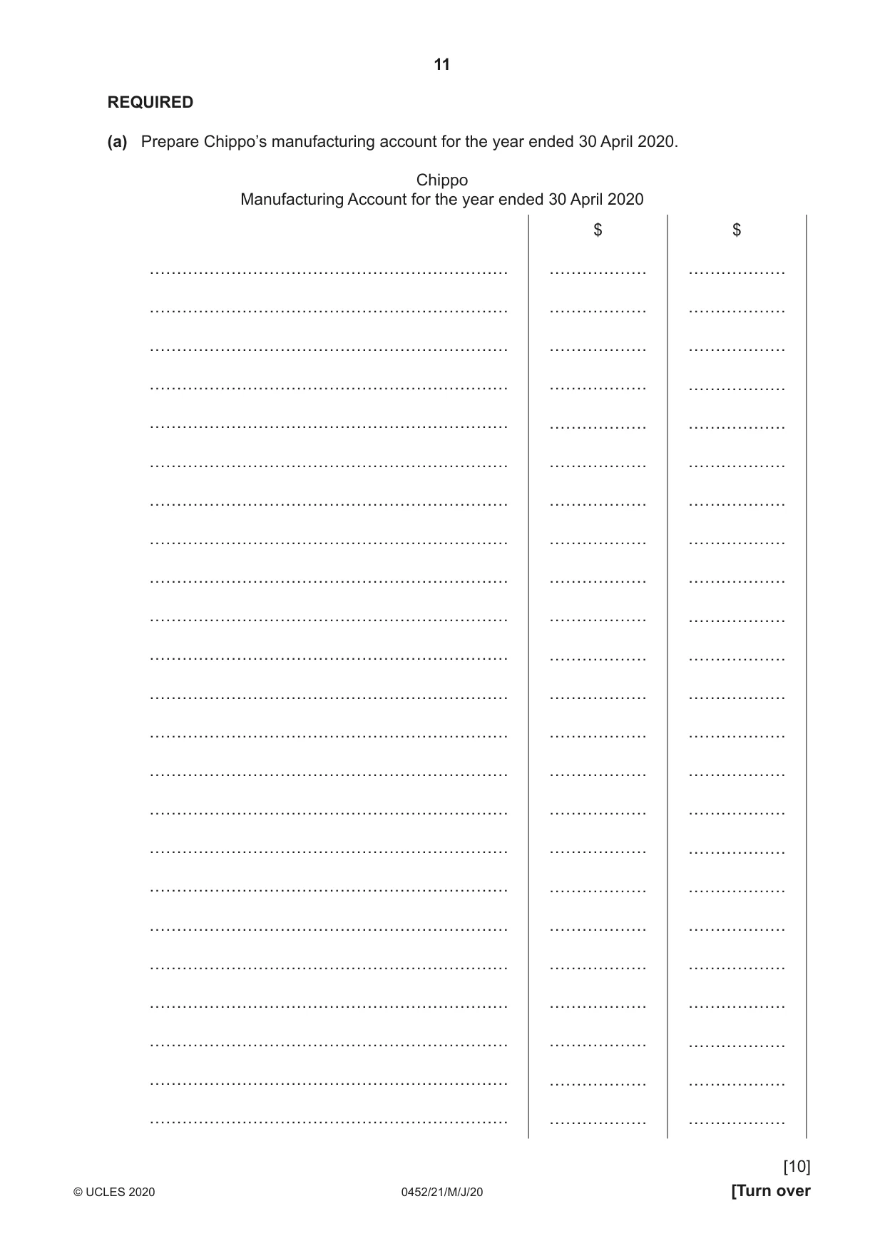 Cambridge IGCSE Accounting 0452 2020 May/June Paper 2 · Variant 1 question paper, page 11 of 24