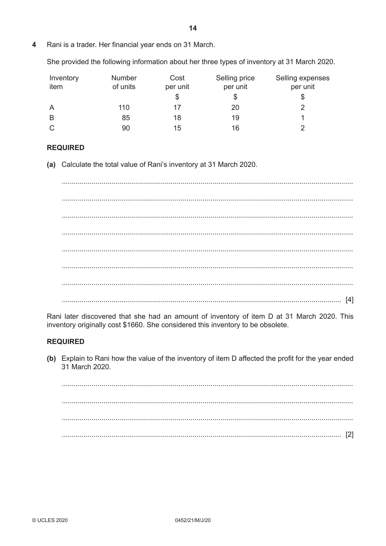 Cambridge IGCSE Accounting 0452 2020 May/June Paper 2 · Variant 1 question paper, page 14 of 24