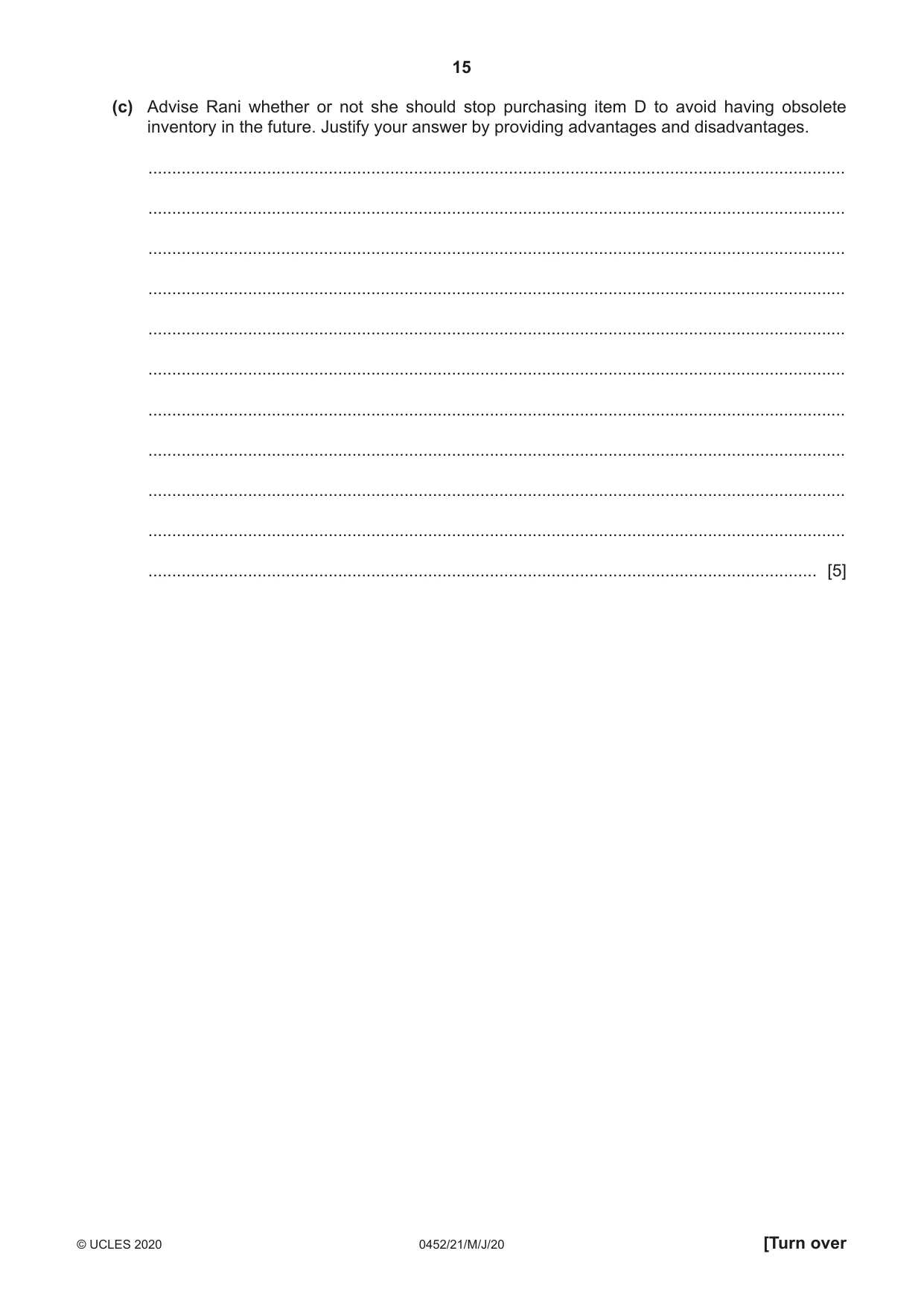 Cambridge IGCSE Accounting 0452 2020 May/June Paper 2 · Variant 1 question paper, page 15 of 24