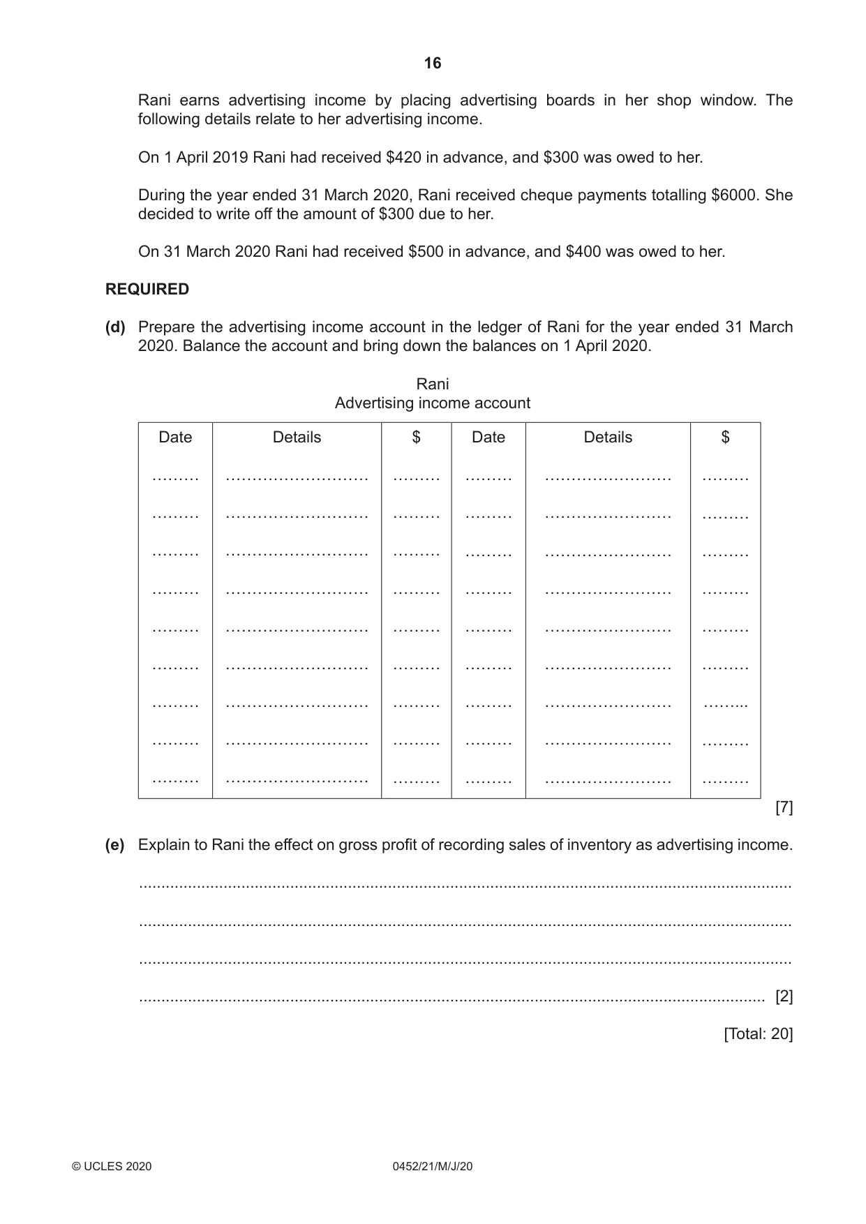 Cambridge IGCSE Accounting 0452 2020 May/June Paper 2 · Variant 1 question paper, page 16 of 24