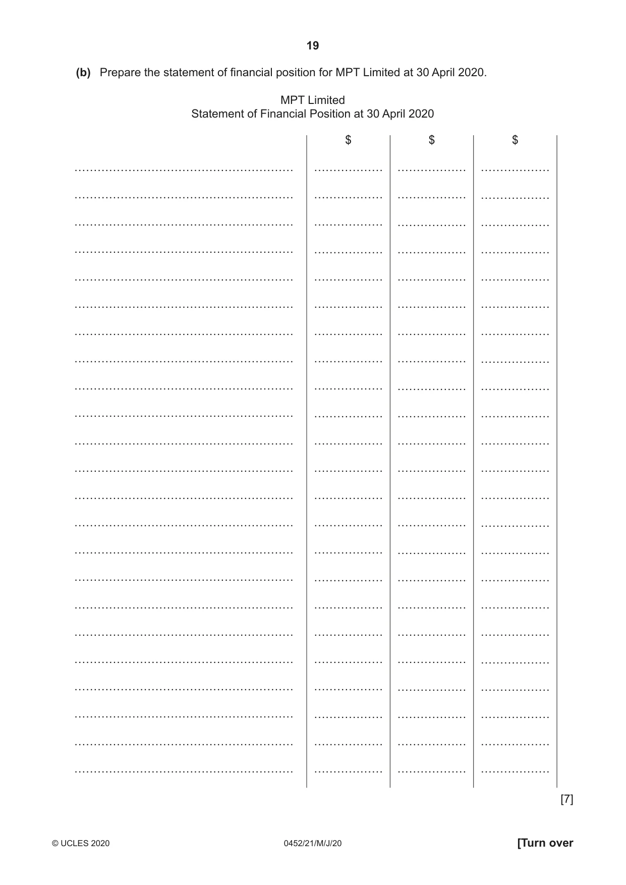 Cambridge IGCSE Accounting 0452 2020 May/June Paper 2 · Variant 1 question paper, page 19 of 24