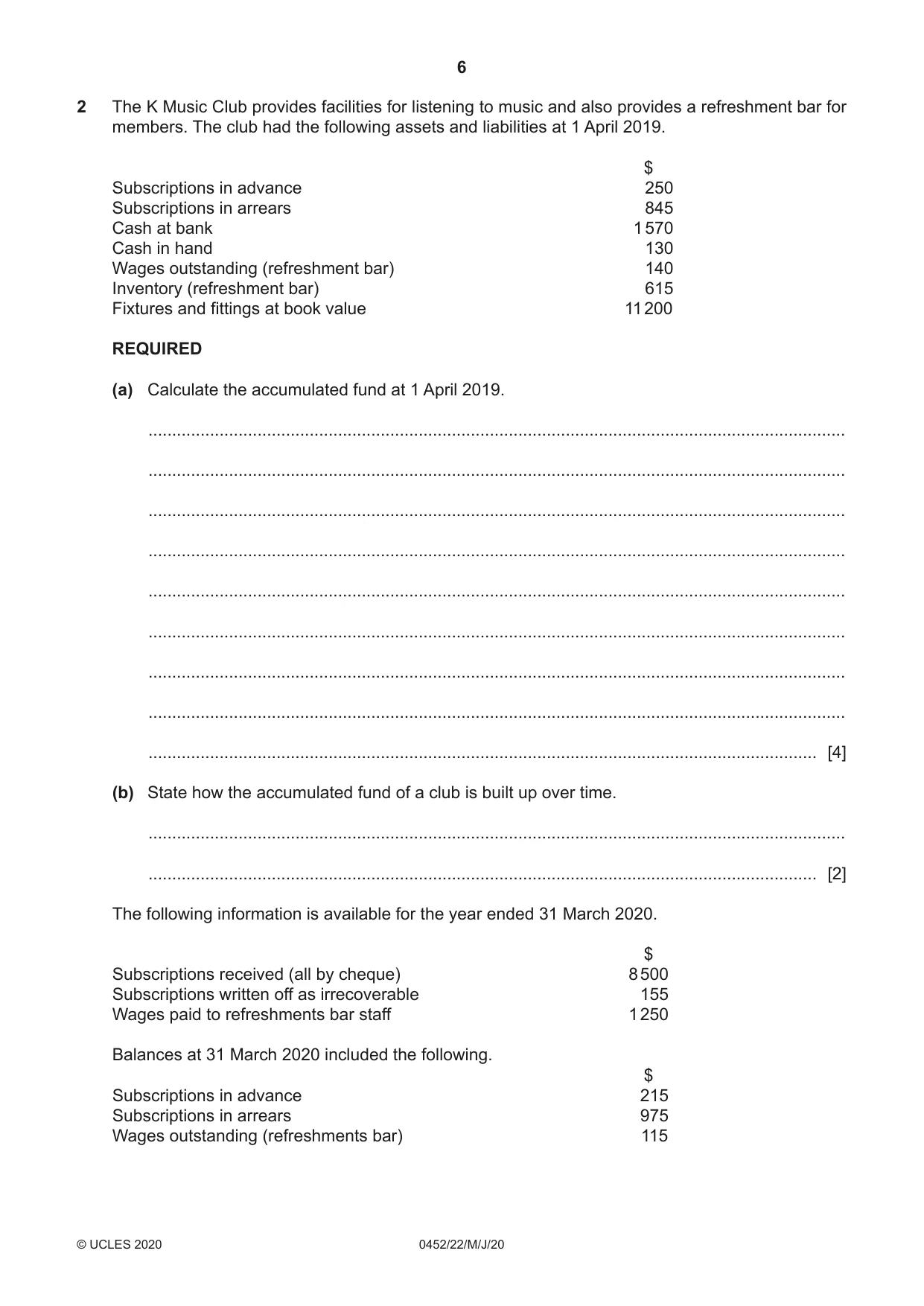Cambridge IGCSE Accounting 0452 2020 May/June Paper 2 · Variant 2 question paper, page 6 of 20