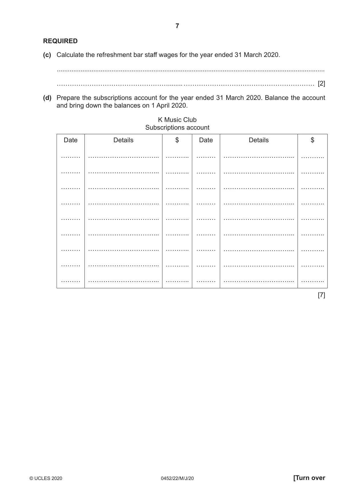 Cambridge IGCSE Accounting 0452 2020 May/June Paper 2 · Variant 2 question paper, page 7 of 20