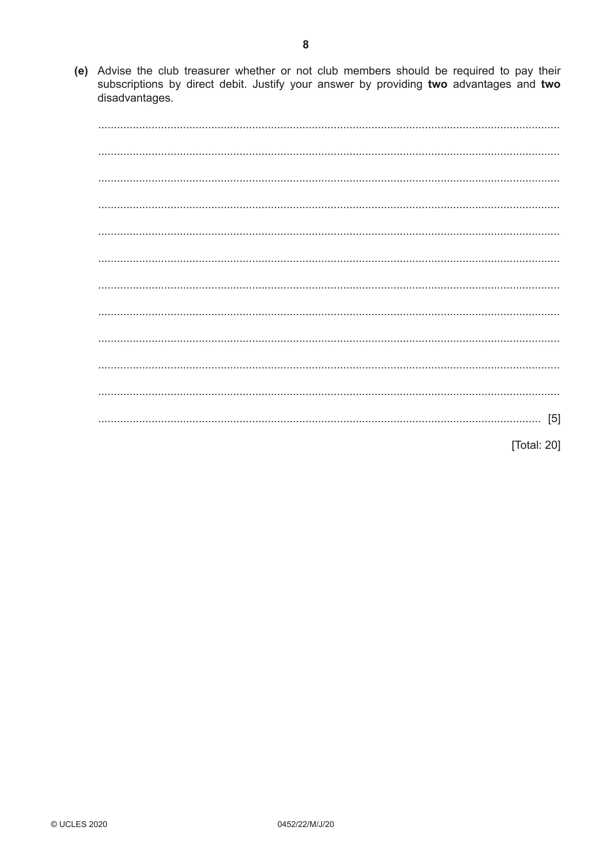 Cambridge IGCSE Accounting 0452 2020 May/June Paper 2 · Variant 2 question paper, page 8 of 20