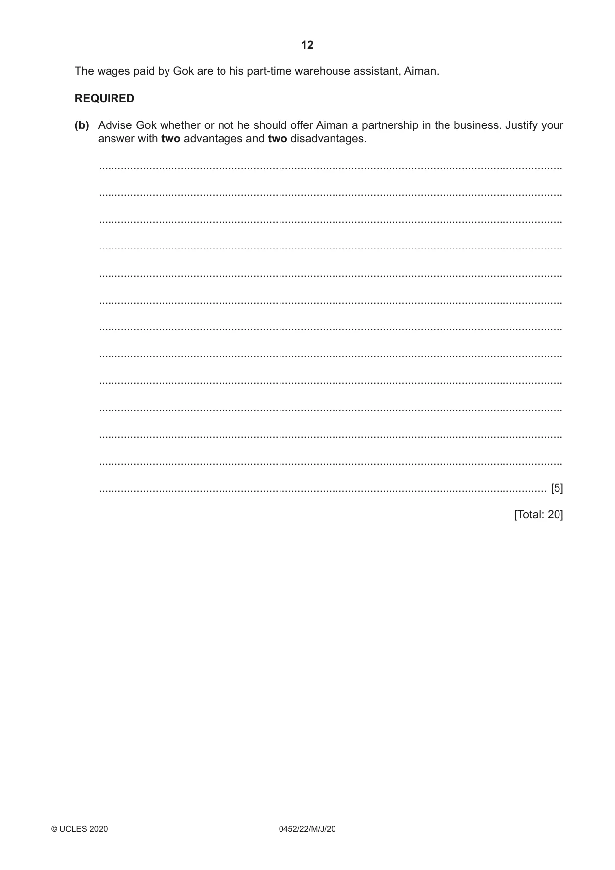Cambridge IGCSE Accounting 0452 2020 May/June Paper 2 · Variant 2 question paper, page 12 of 20