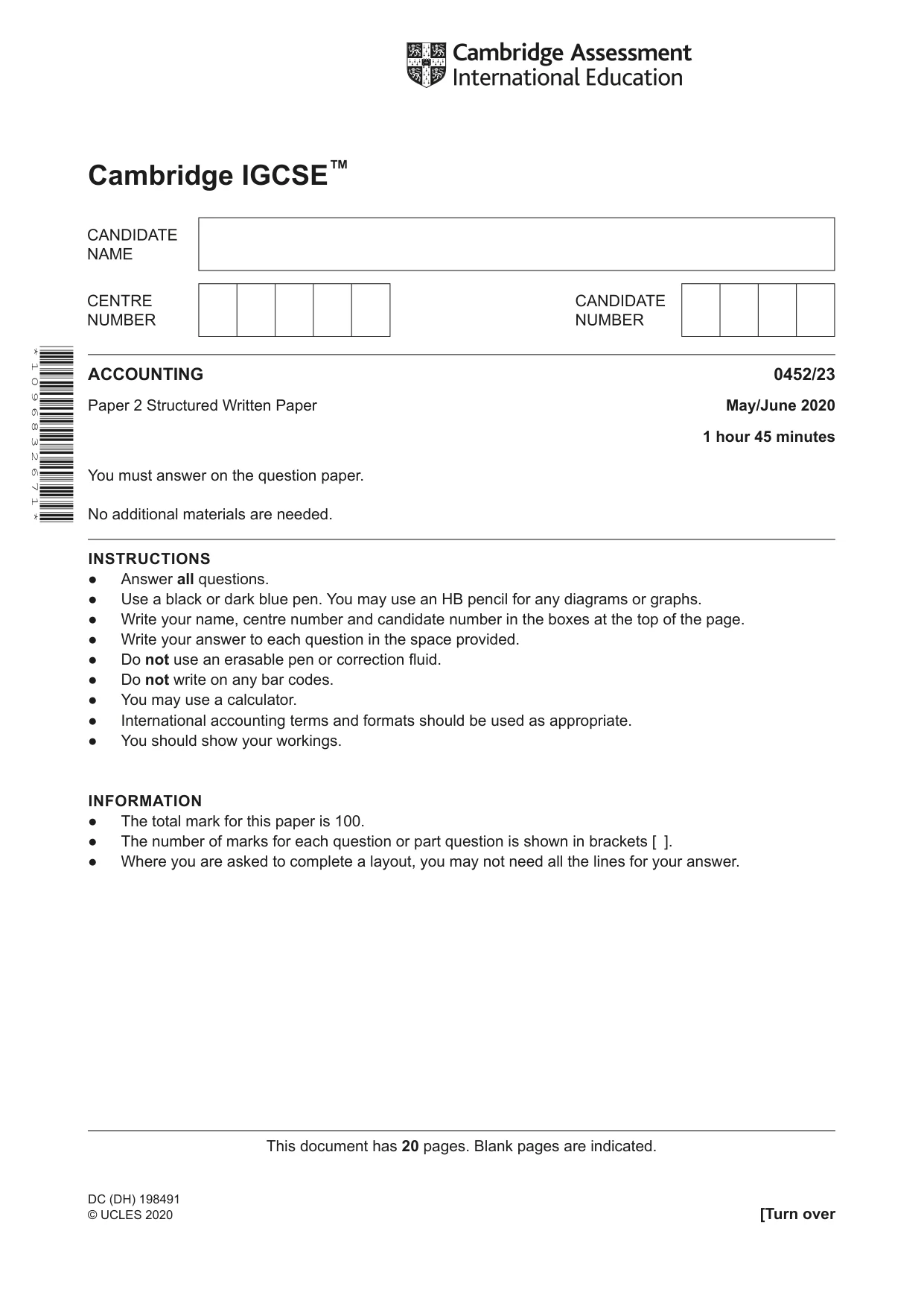 Cambridge IGCSE Accounting 0452 2020 May/June Paper 2 · Variant 3 question paper, page 1 of 20