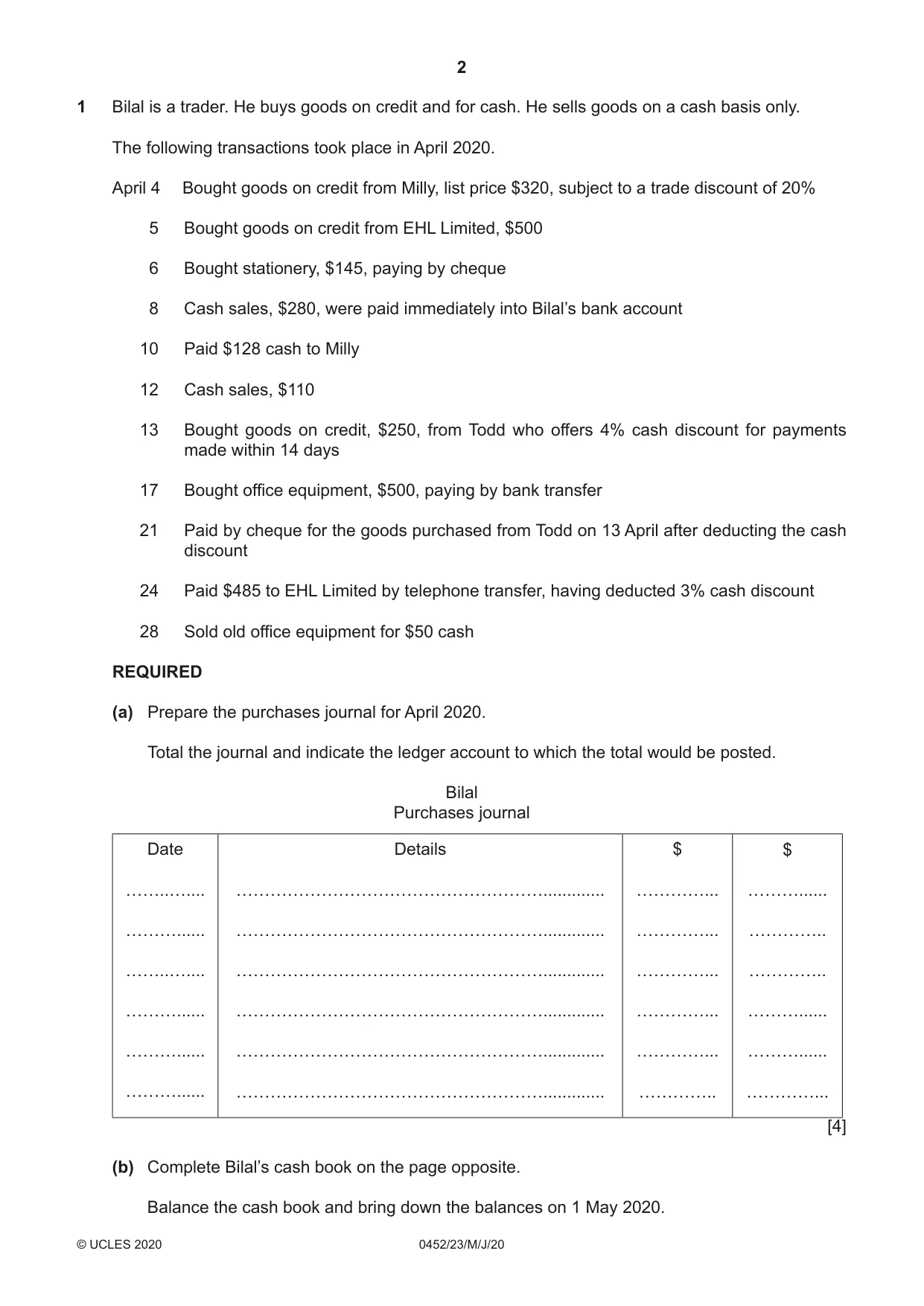Cambridge IGCSE Accounting 0452 2020 May/June Paper 2 · Variant 3 question paper, page 2 of 20