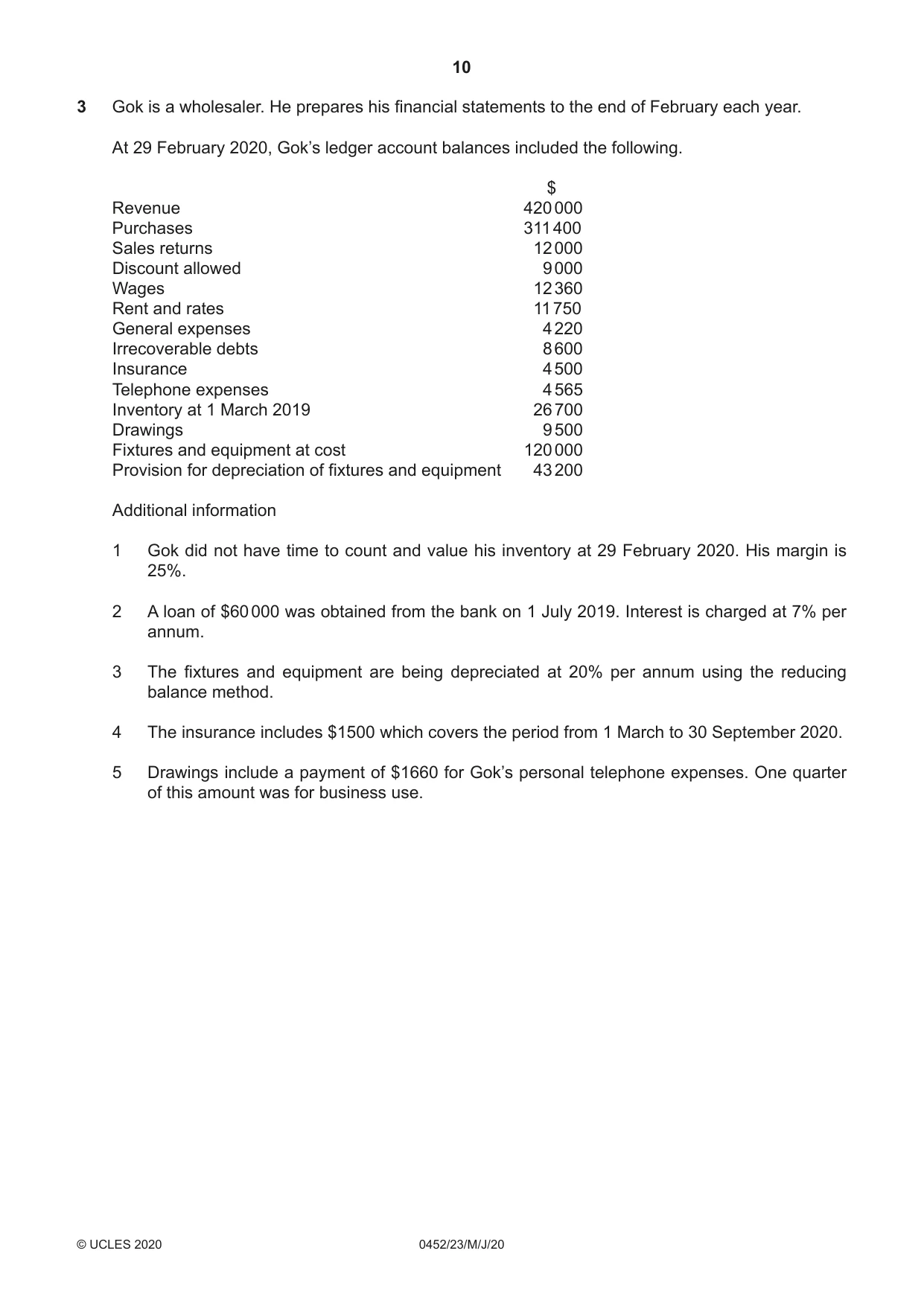 Cambridge IGCSE Accounting 0452 2020 May/June Paper 2 · Variant 3 question paper, page 10 of 20