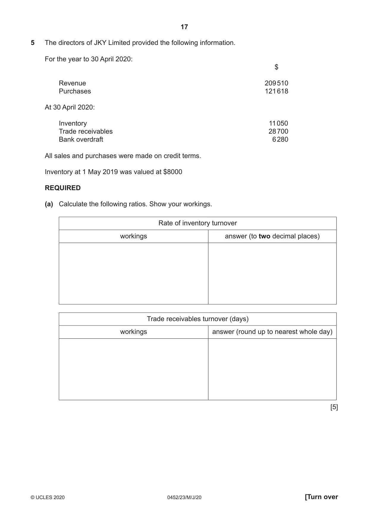Cambridge IGCSE Accounting 0452 2020 May/June Paper 2 · Variant 3 question paper, page 17 of 20