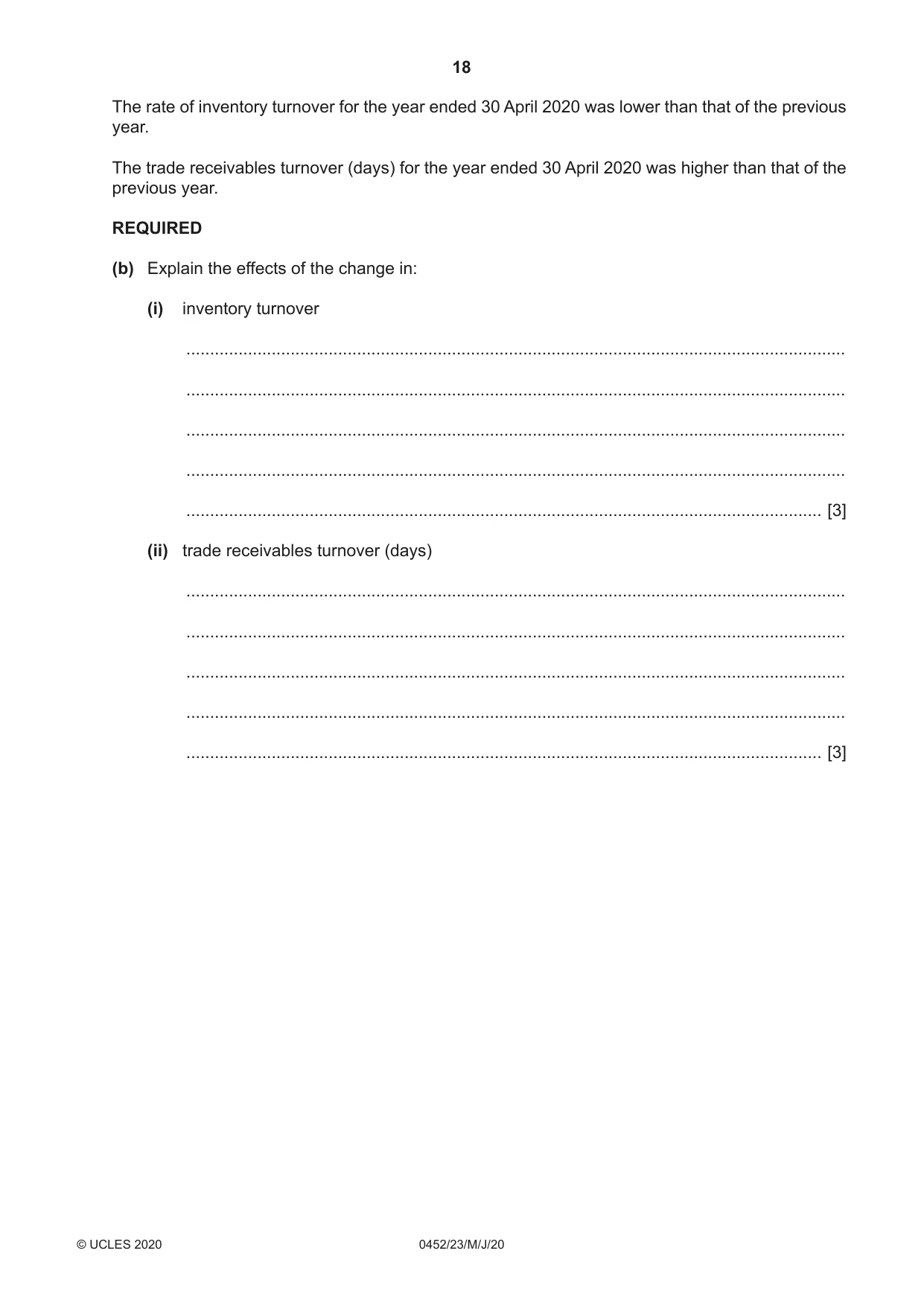 Cambridge IGCSE Accounting 0452 2020 May/June Paper 2 · Variant 3 question paper, page 18 of 20