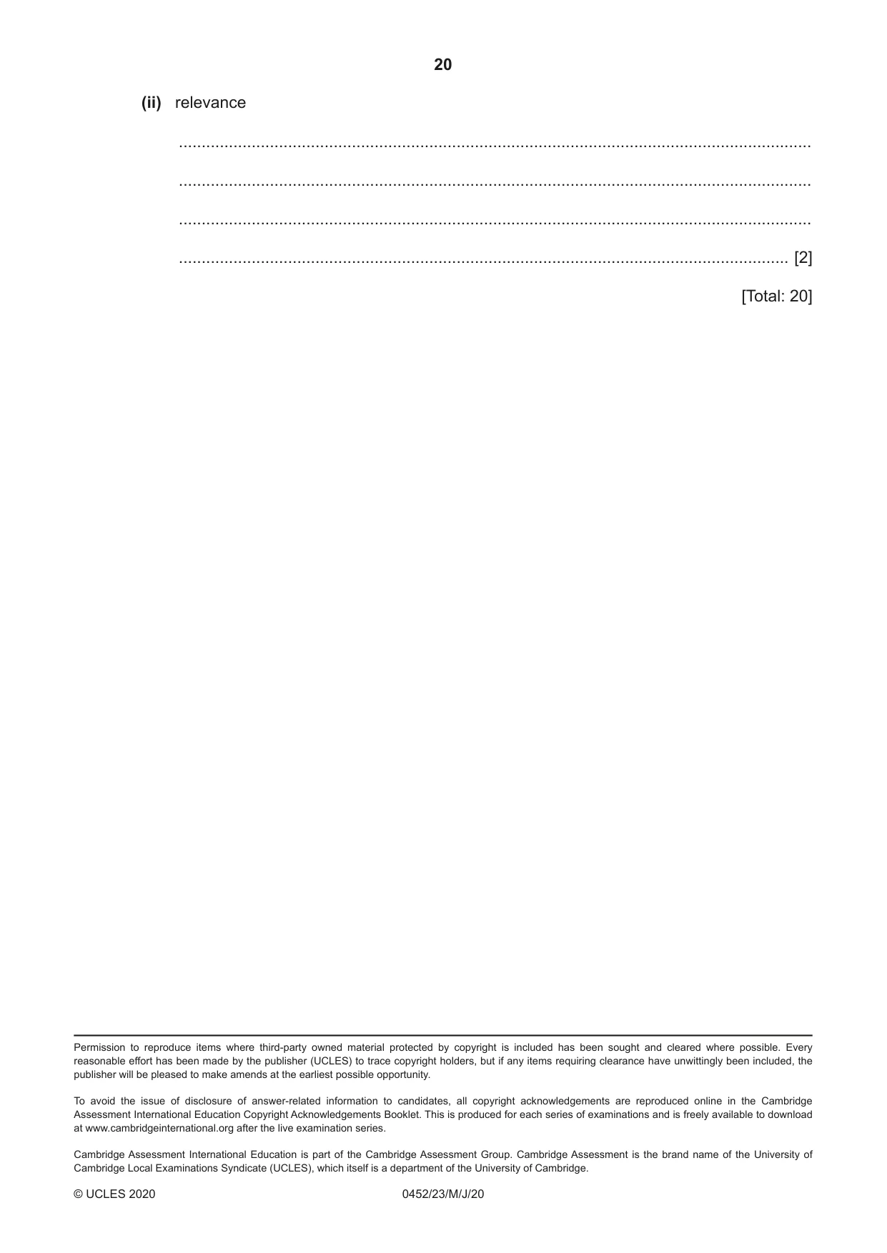 Cambridge IGCSE Accounting 0452 2020 May/June Paper 2 · Variant 3 question paper, page 20 of 20