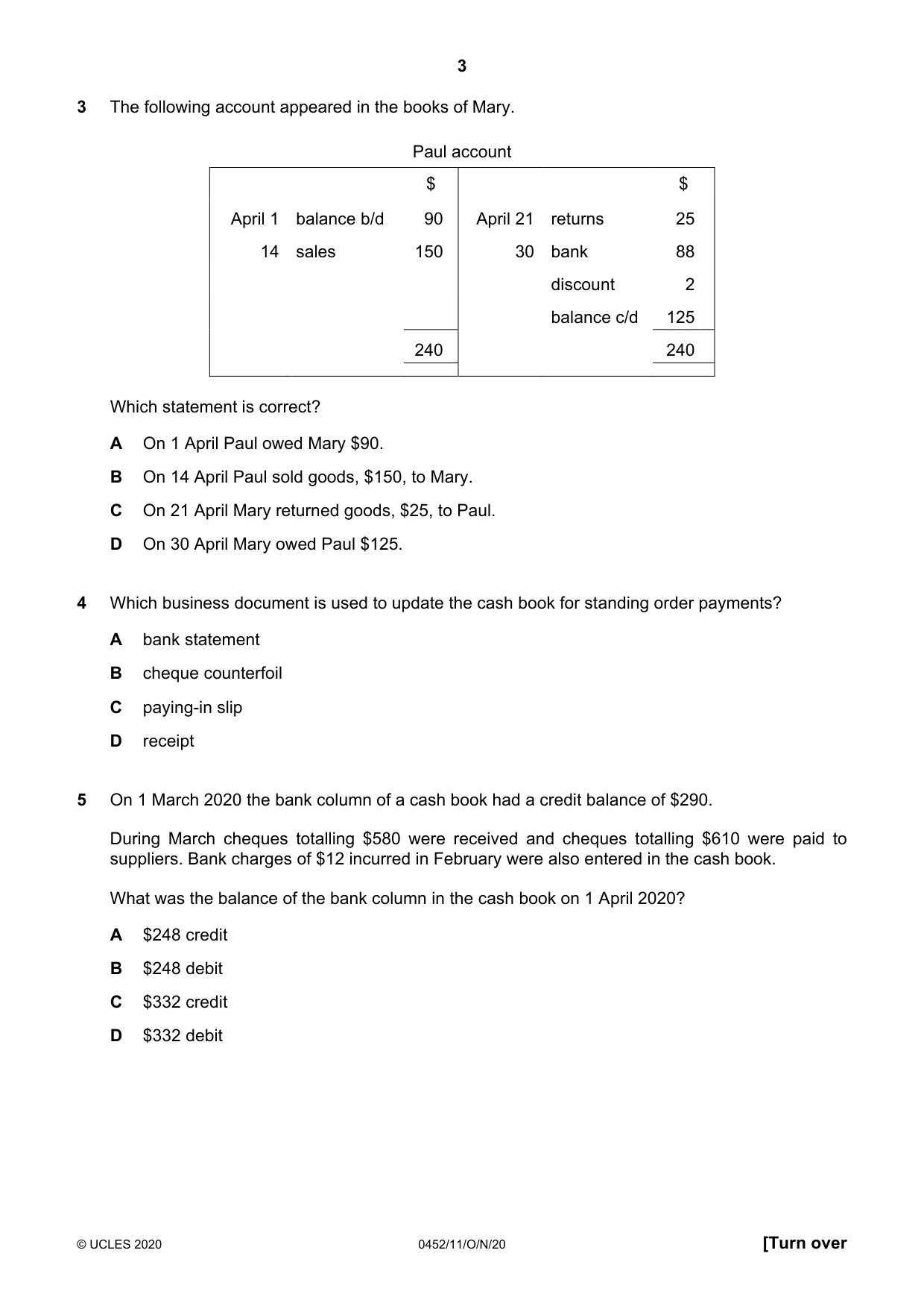 Cambridge IGCSE Accounting 0452 2020 Oct/Nov Paper 1 · Variant 1 question paper, page 3 of 16