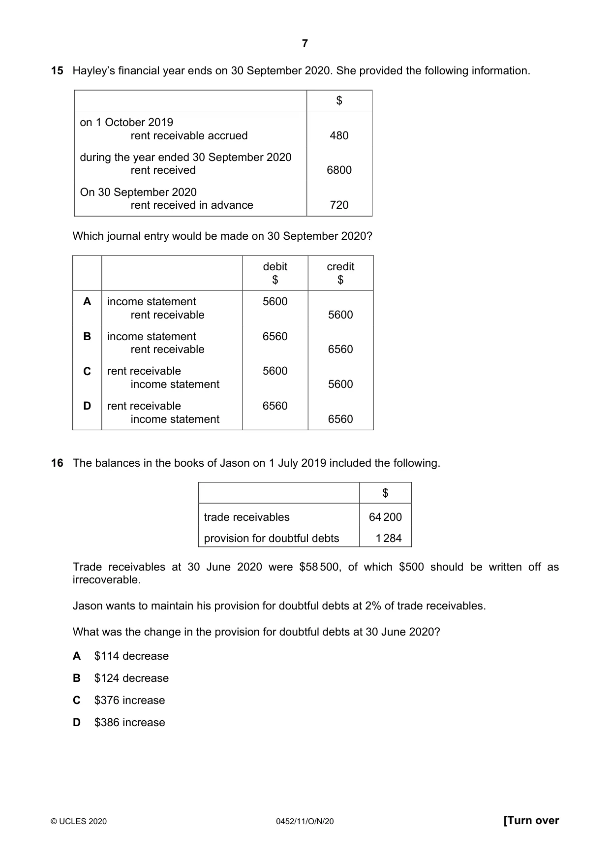 Cambridge IGCSE Accounting 0452 2020 Oct/Nov Paper 1 · Variant 1 question paper, page 7 of 16