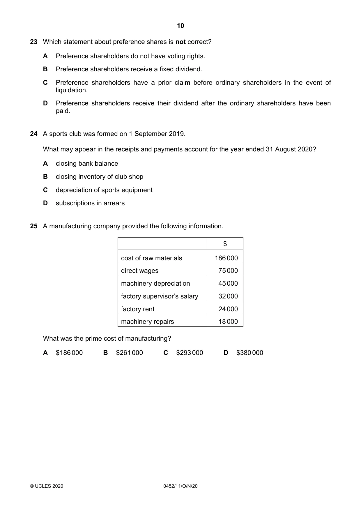Cambridge IGCSE Accounting 0452 2020 Oct/Nov Paper 1 · Variant 1 question paper, page 10 of 16